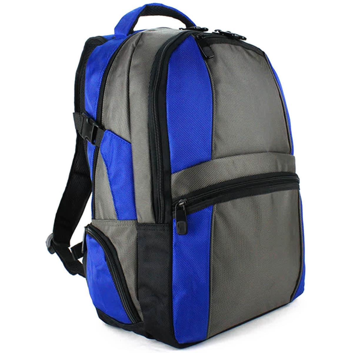 A blue and grey backpack with multiple compartments and a logo on the front.