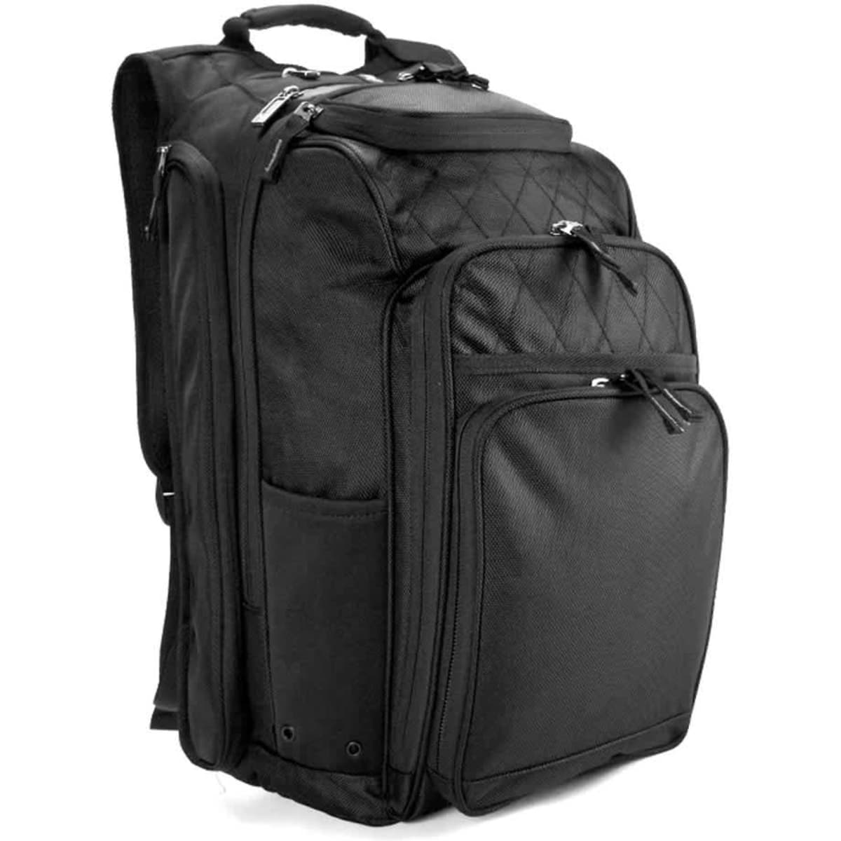 A black Boxy Backpack featuring multiple compartments and zippers, with a handle on top and a logo.