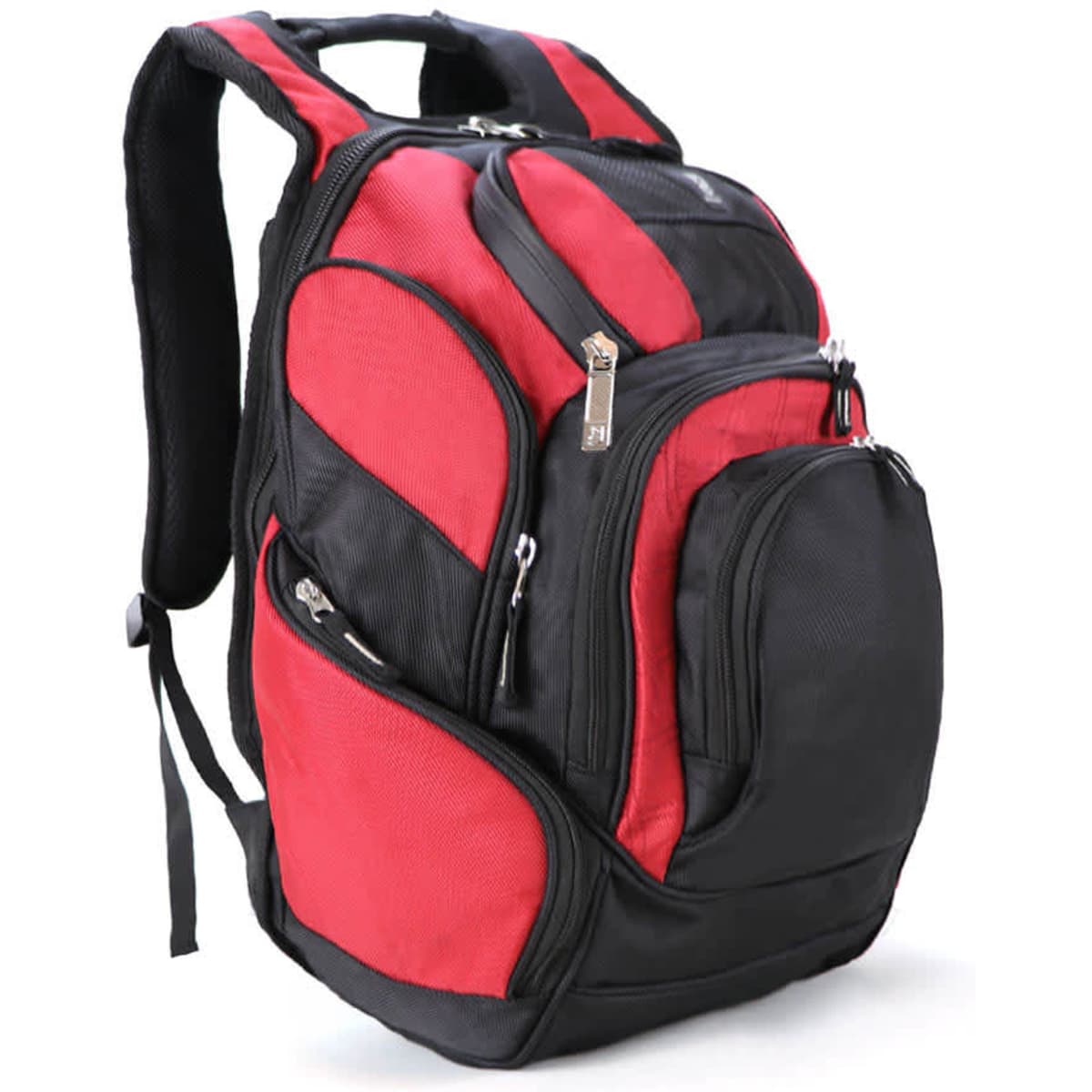 A red and black backpack featuring multiple compartments and a logo.