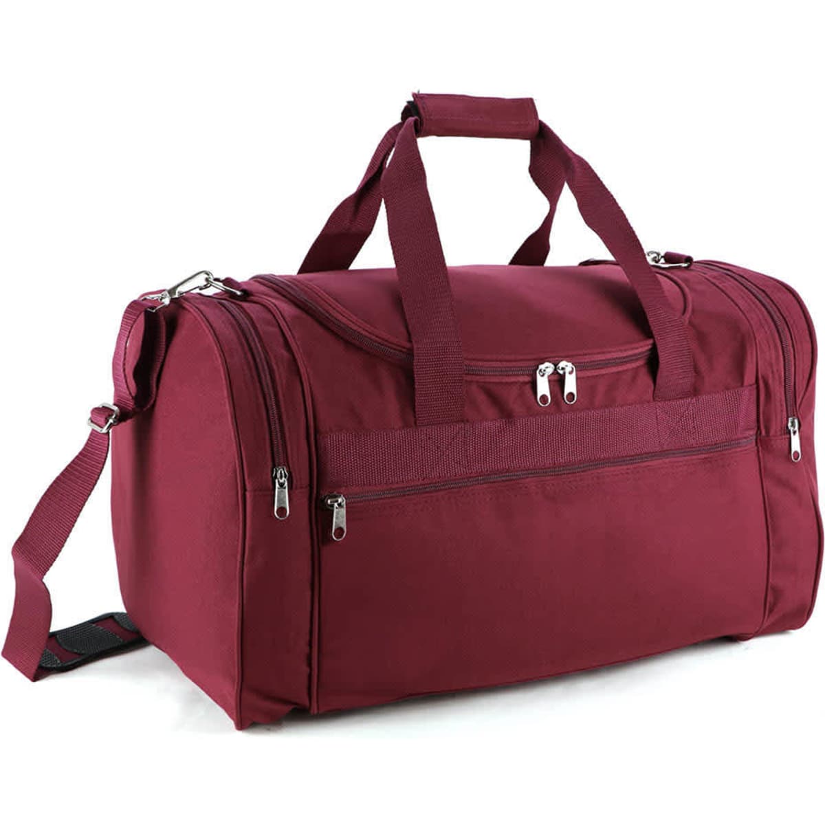 A maroon duffle bag with multiple zippers and handles for easy carrying. It features a shoulder strap and has a logo.