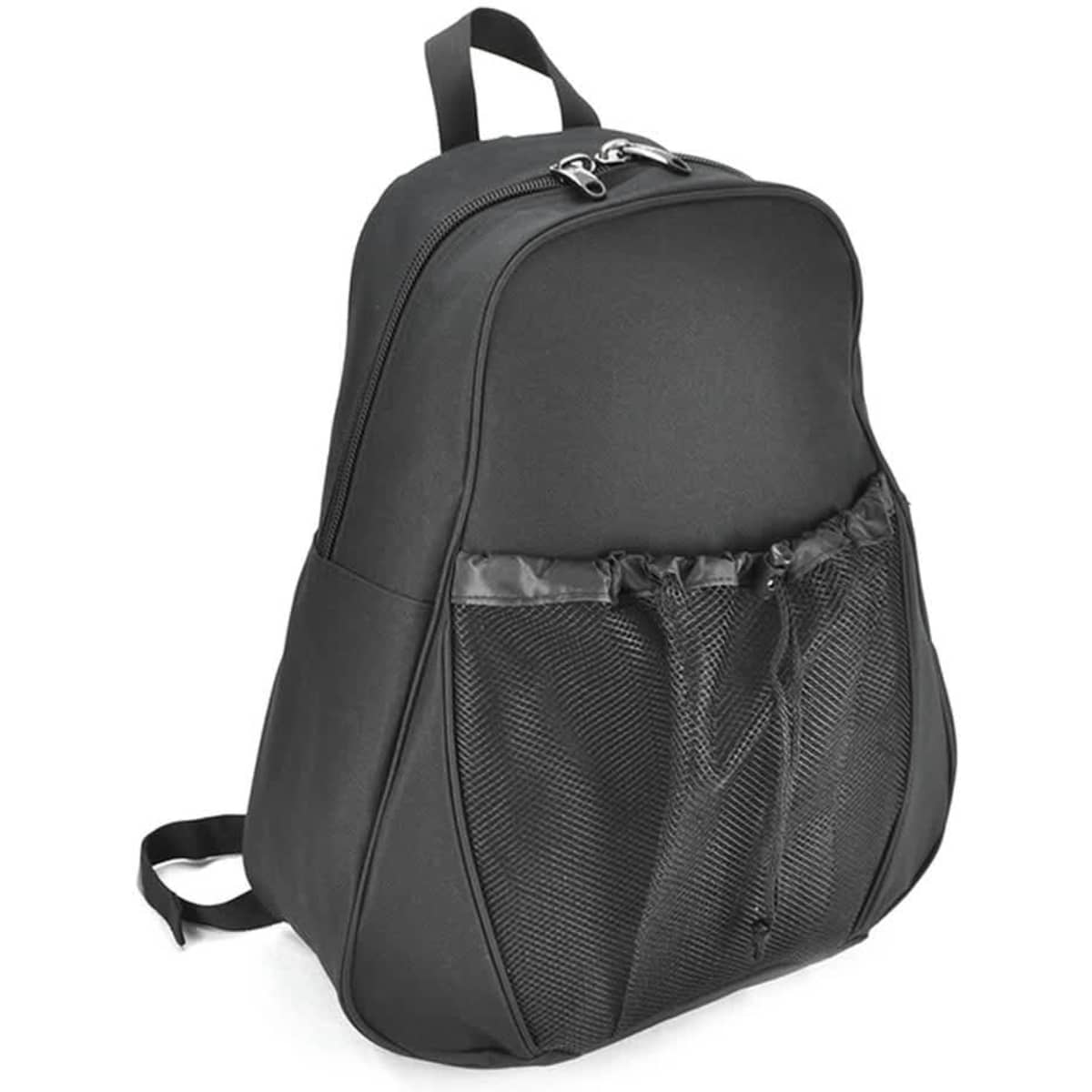 A black backpack with a mesh front pocket and dual zippered compartments. It features a logo on the front.