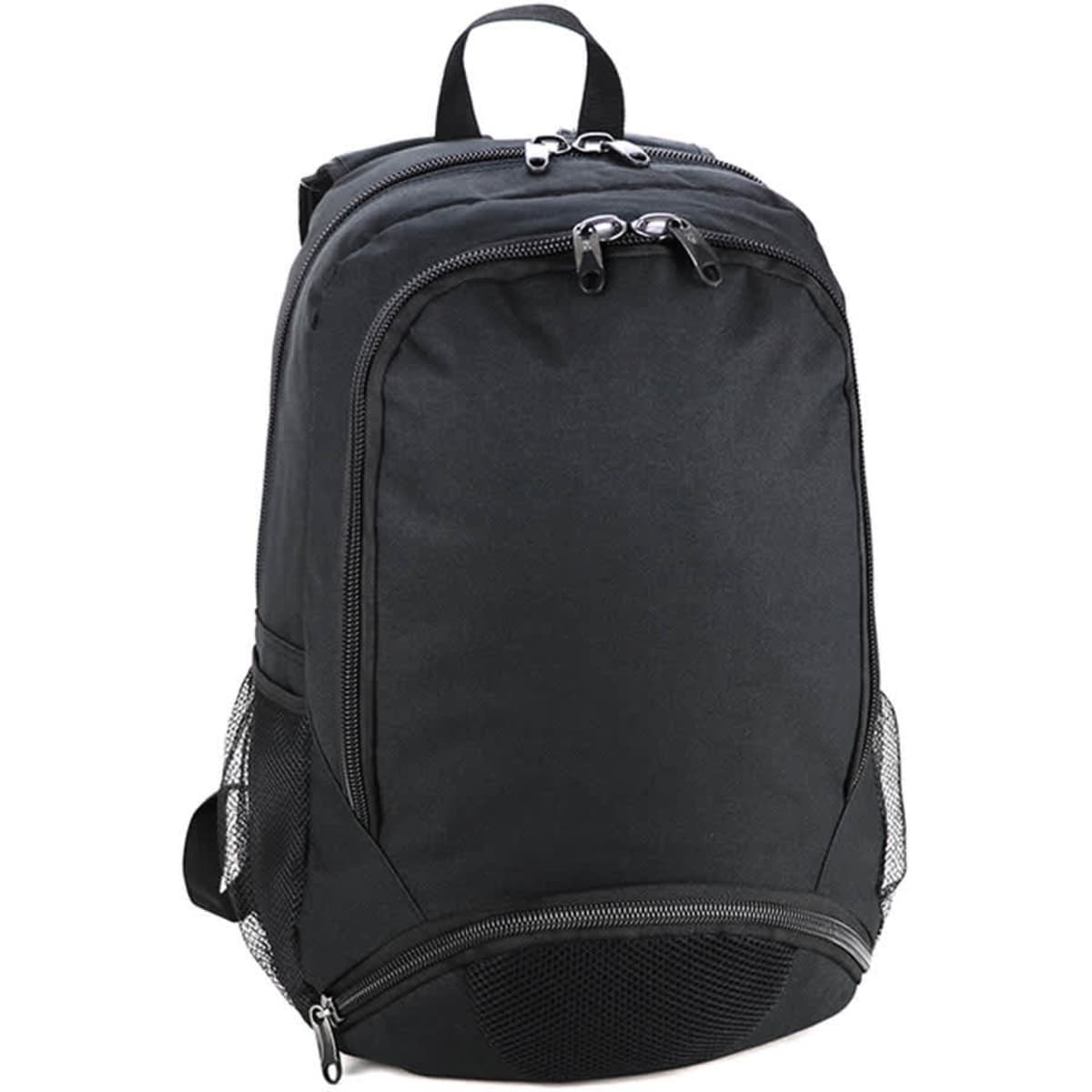 A black backpack featuring multiple zippered compartments and mesh side pockets. It has a logo on the front.