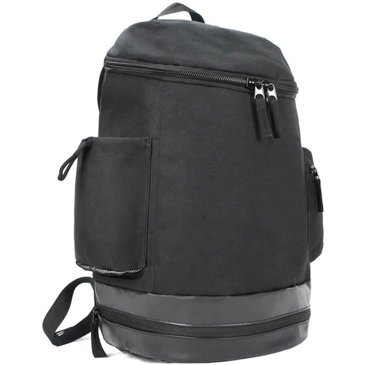 A black backpack featuring multiple pockets, zippers, and a durable base. It has a sleek, modern design.