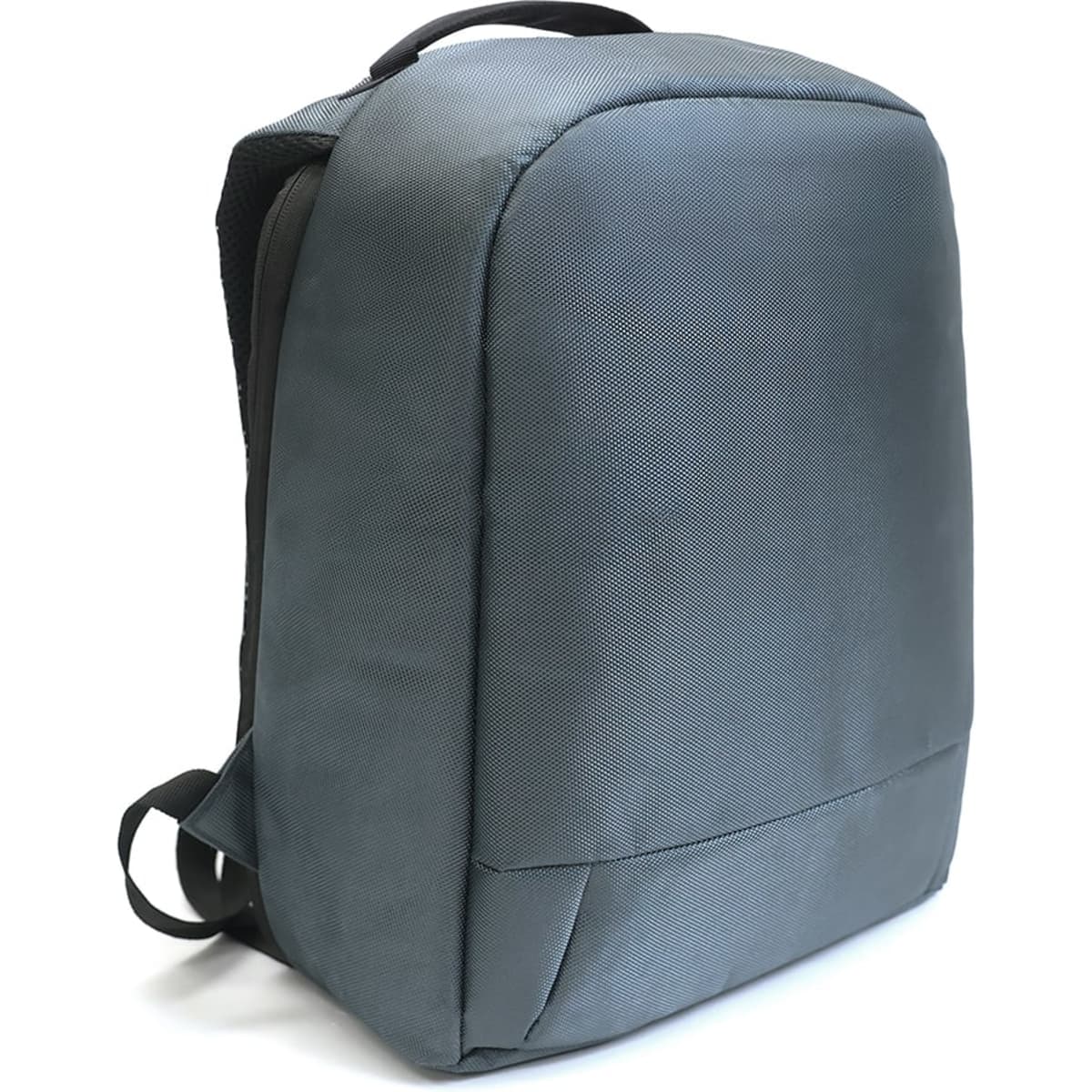 A grey backpack with a sleek design and a logo, featuring padded shoulder straps and a top handle.