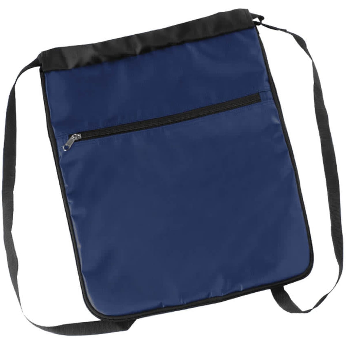 A navy drawstring bag with a front pocket and black trim, featuring a logo on the surface.