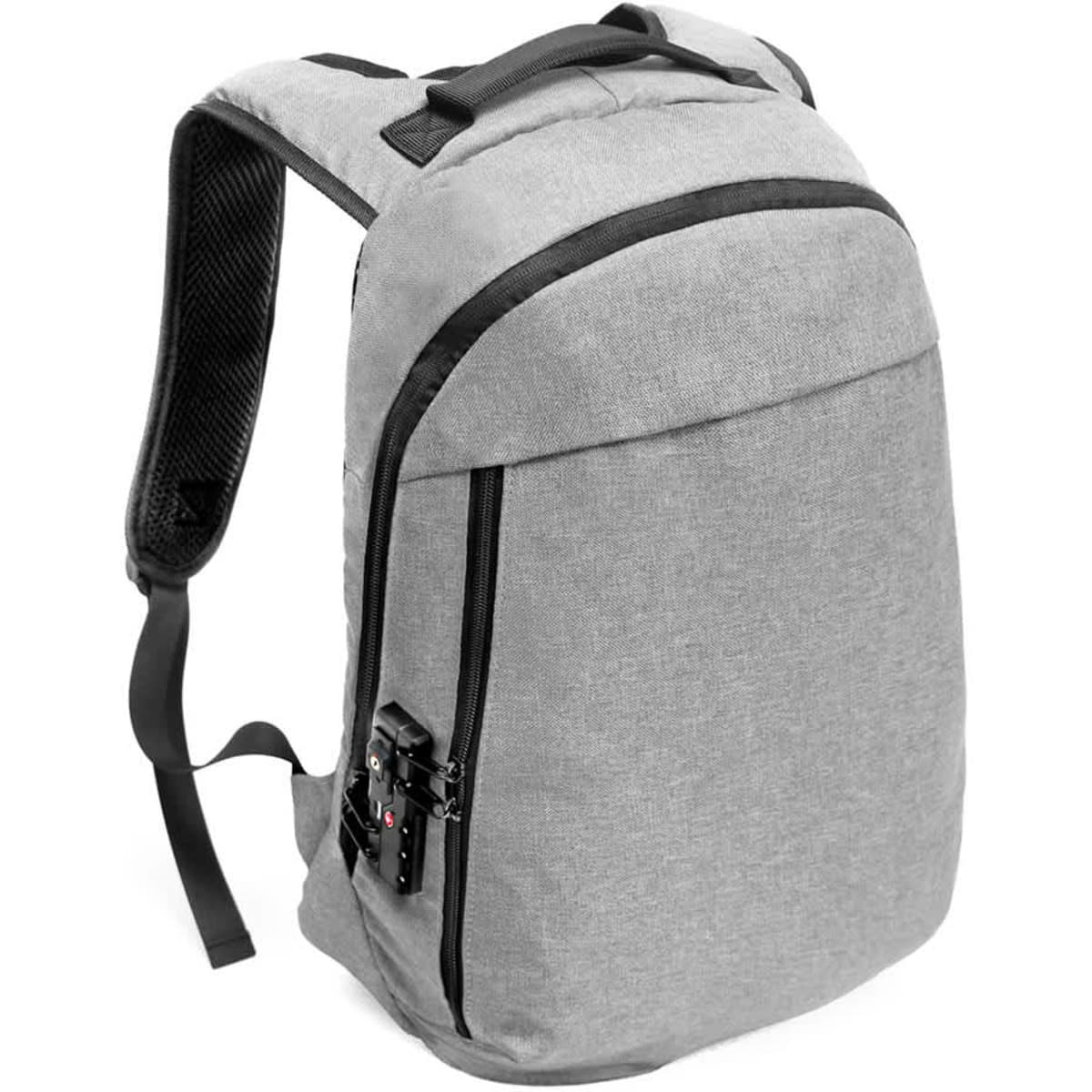 A grey anti-theft backpack featuring a sleek design and secure zipper. It has a branded logo on the exterior.