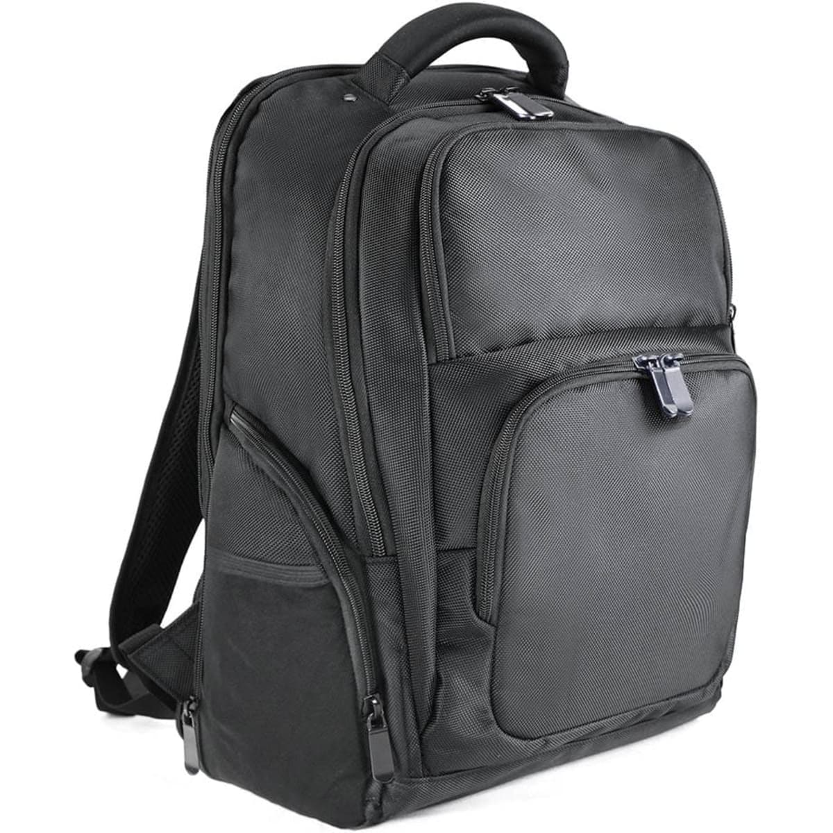 A black organiser backpack with multiple compartments and a front zip pocket. It features a handle and padded straps.