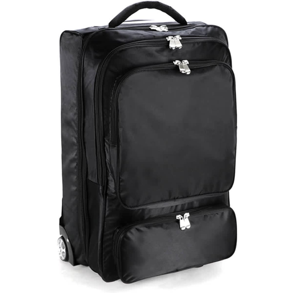 A black wheeled trolley bag with multiple compartments and zippers, featuring a sturdy handle and wheels for easy transport.