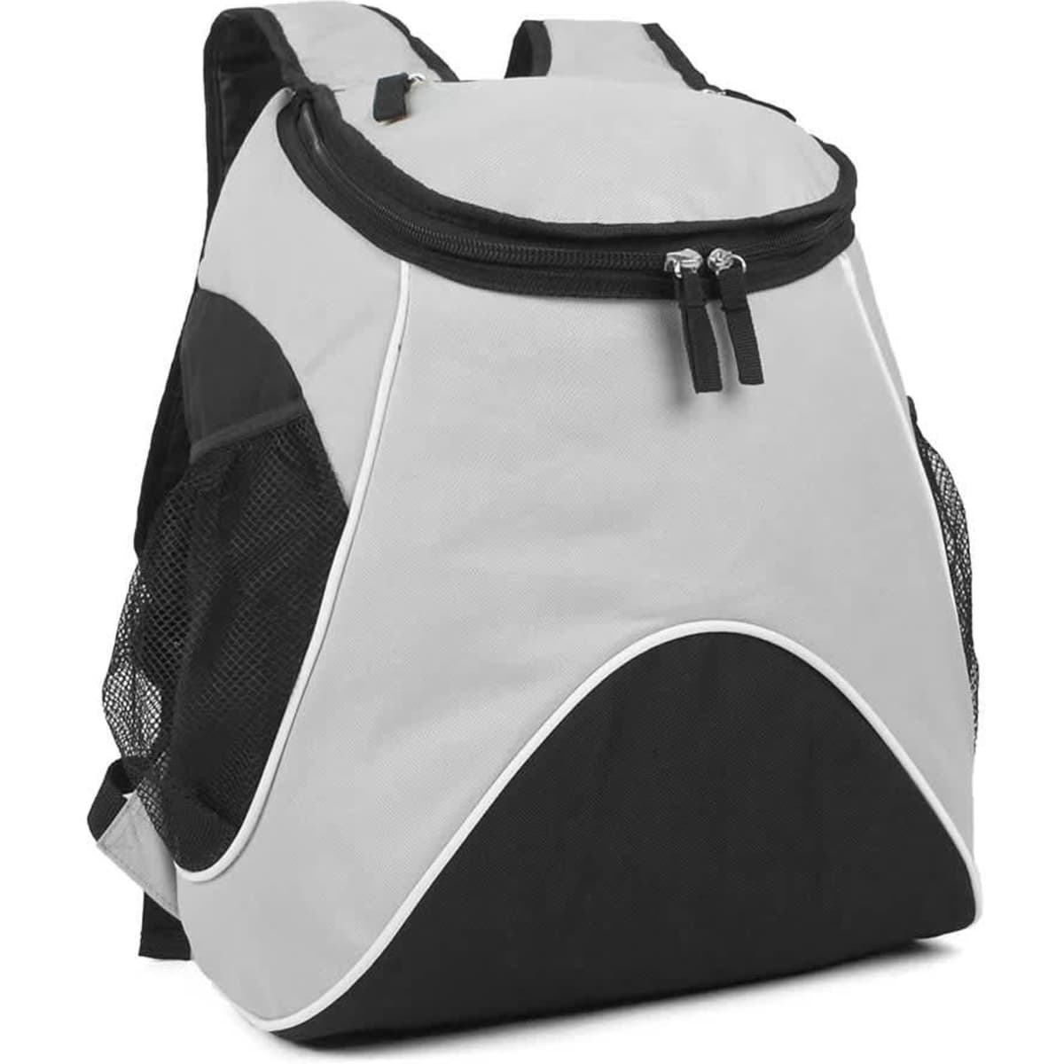 A grey and black backpack with a rounded top, featuring mesh side pockets and a zippered main compartment.