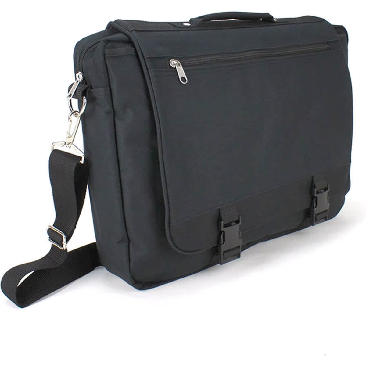 A black conference carry bag with a zipper, front pocket, and an adjustable shoulder strap. Features a logo.