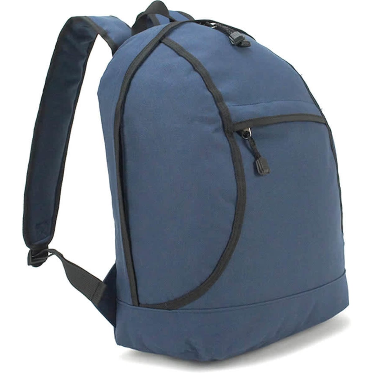 A blue basic backpack with a zippered front pocket and padded shoulder straps. It features branding on the surface.