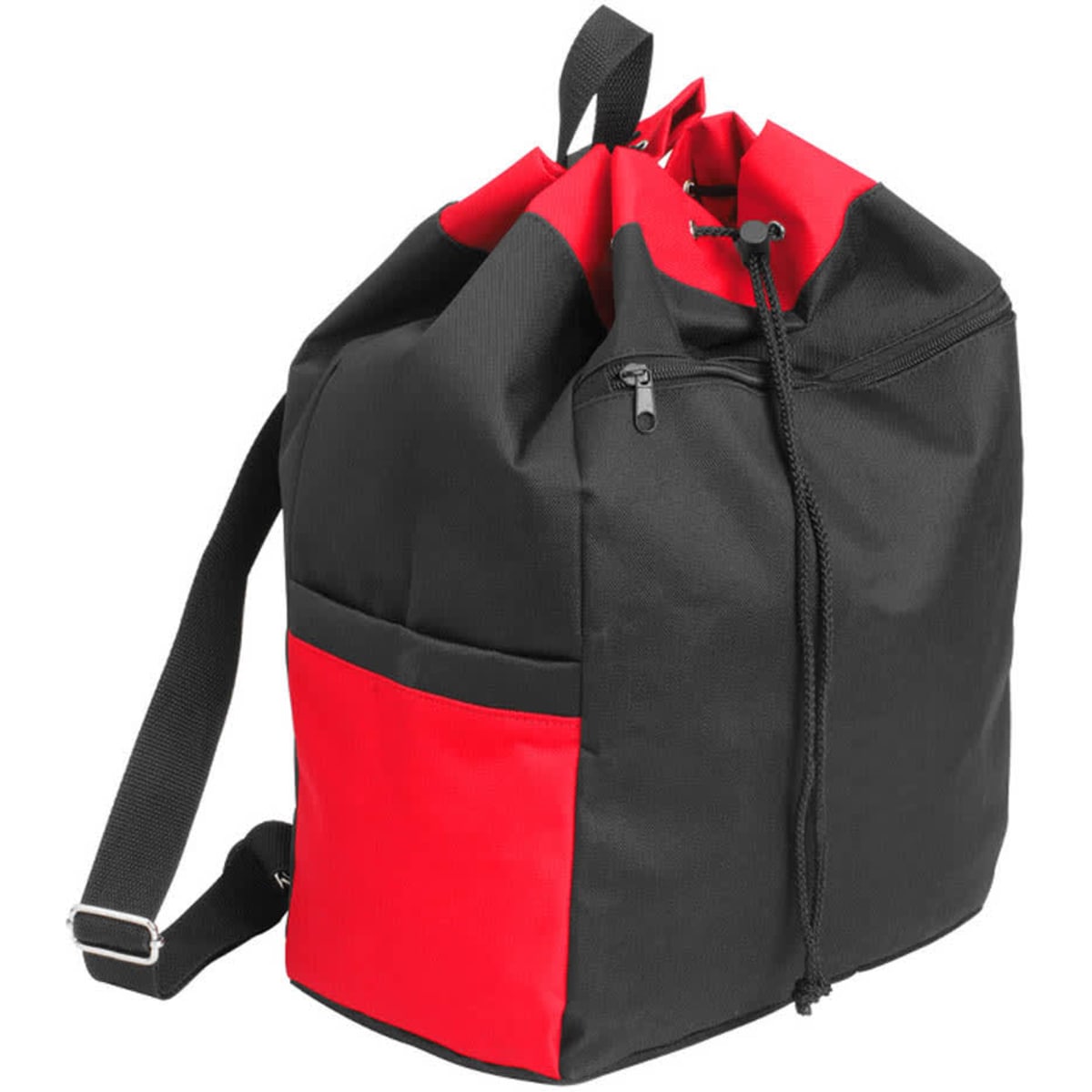 A black and red drawstring kitbag with a zippered pocket and an adjustable shoulder strap. It has a logo.