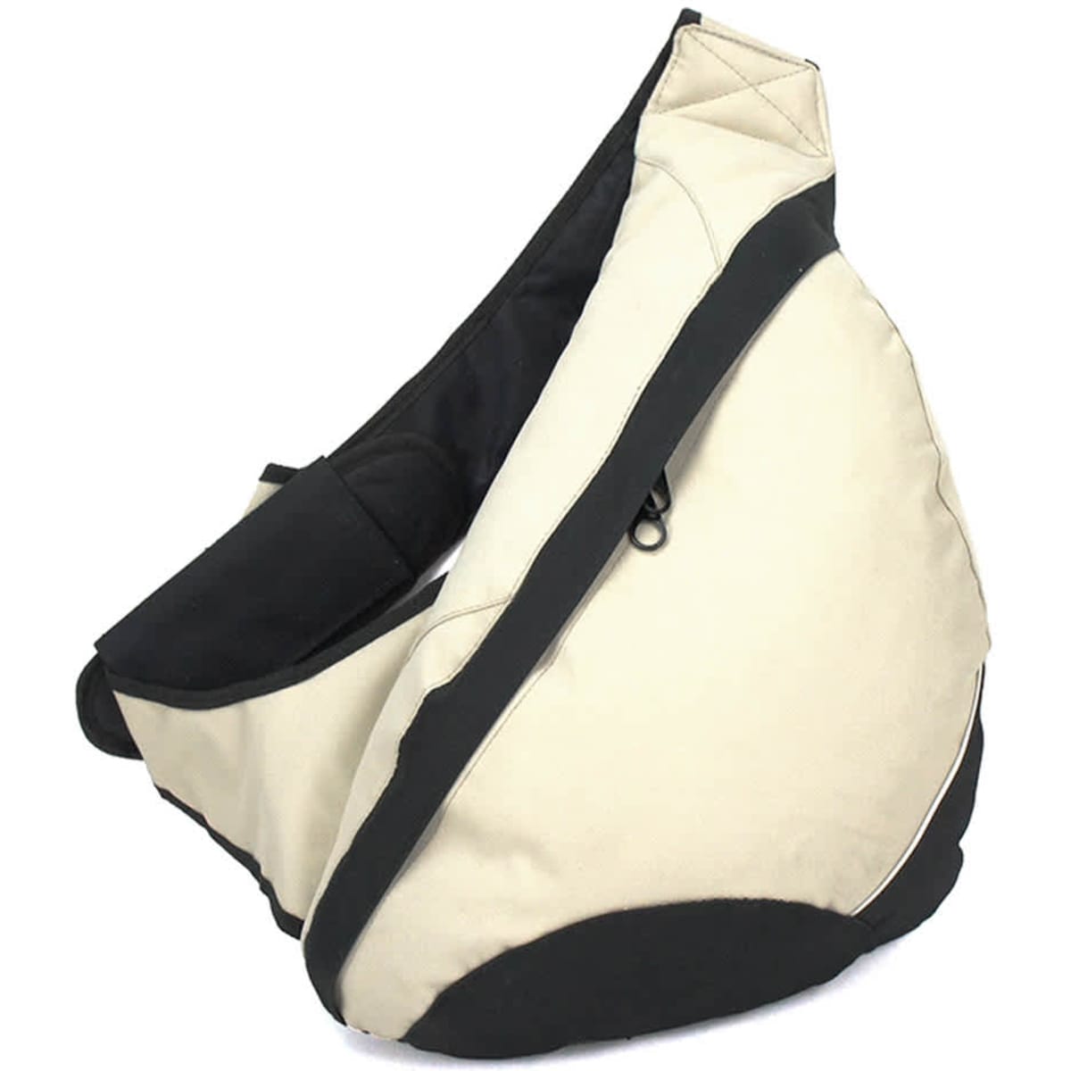 A lightweight slingpack in cream and black, featuring a zip pocket and a logo.