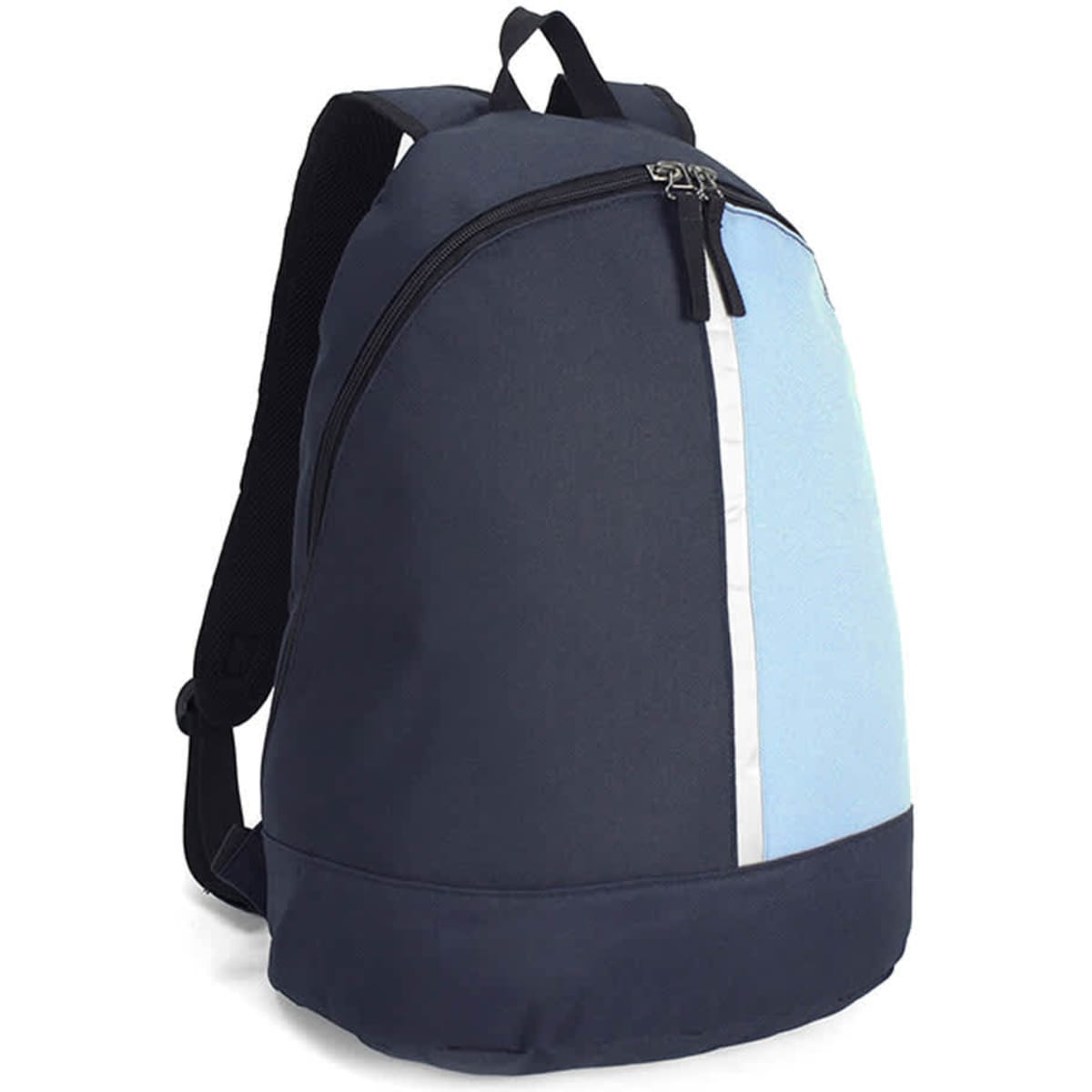 A two-tone backpack featuring navy blue and light blue panels, with a zip closure and a logo on the front.