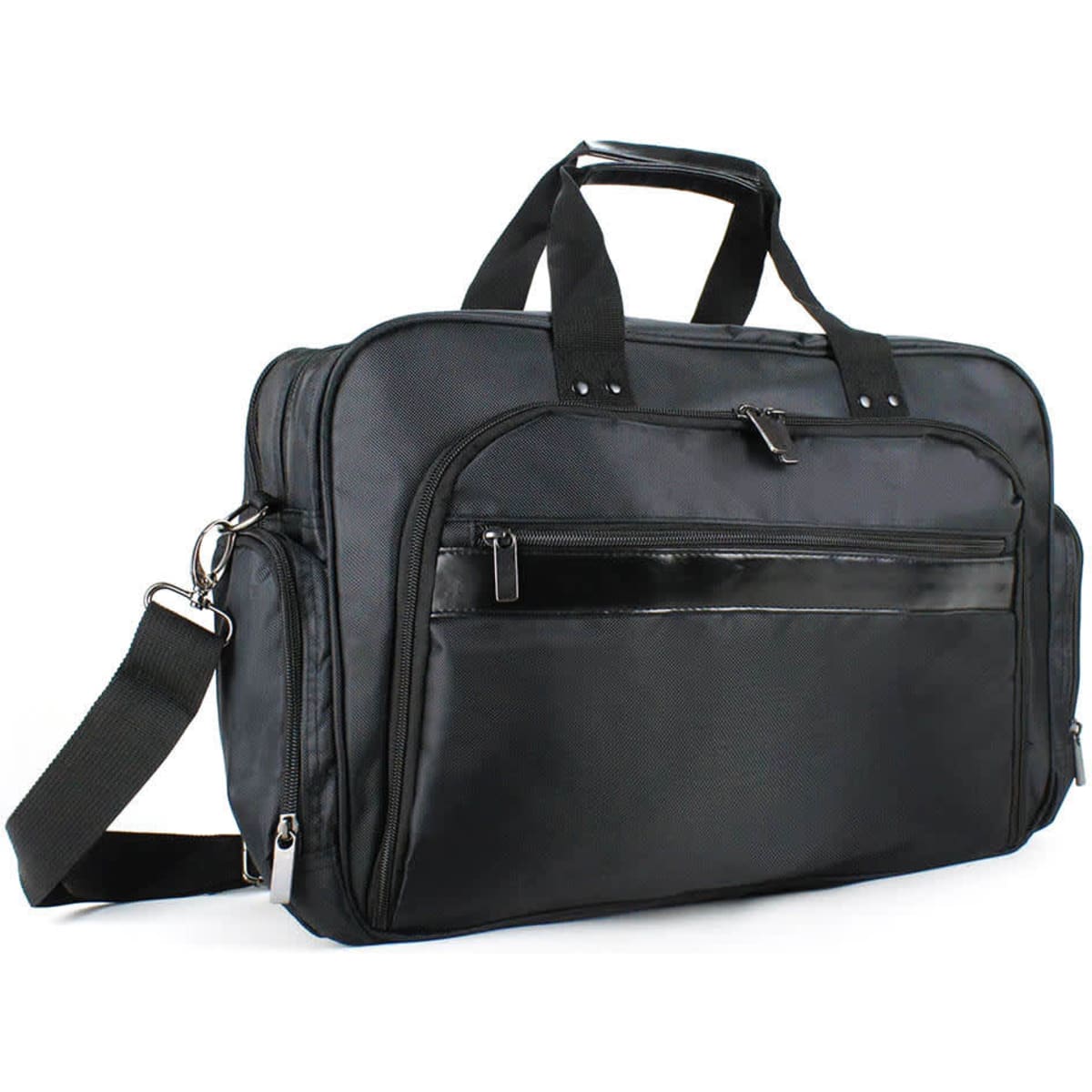 A black laptop bag featuring multiple pockets, short handles, and an adjustable shoulder strap. It has a logo on the front.