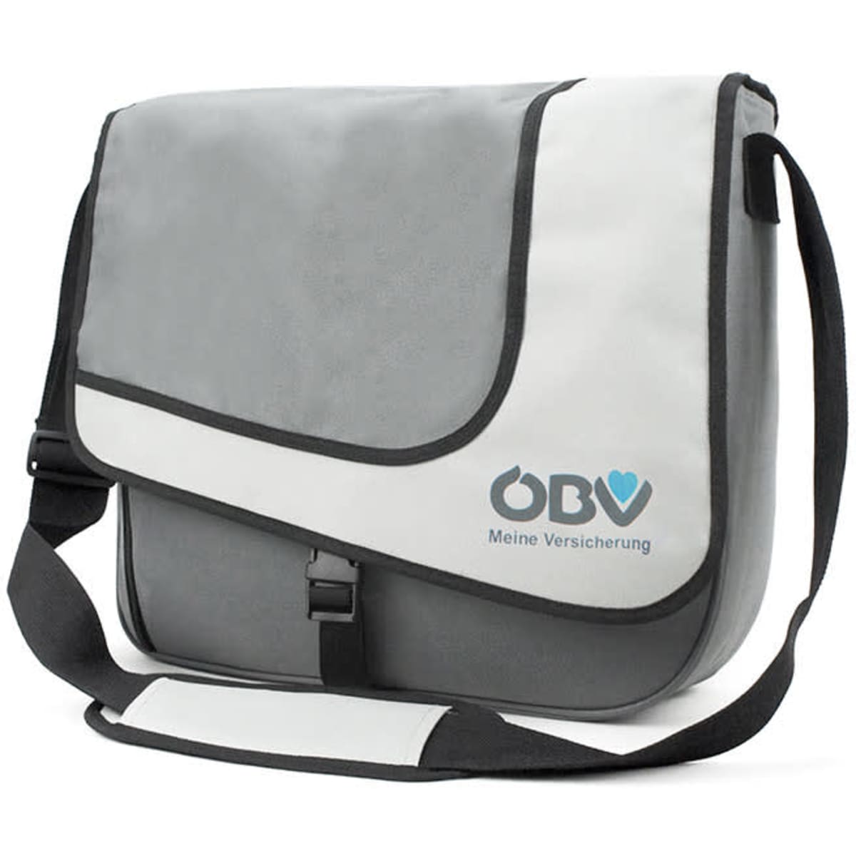 A grey and white satchel bag with a shoulder strap, featuring a logo on the front.