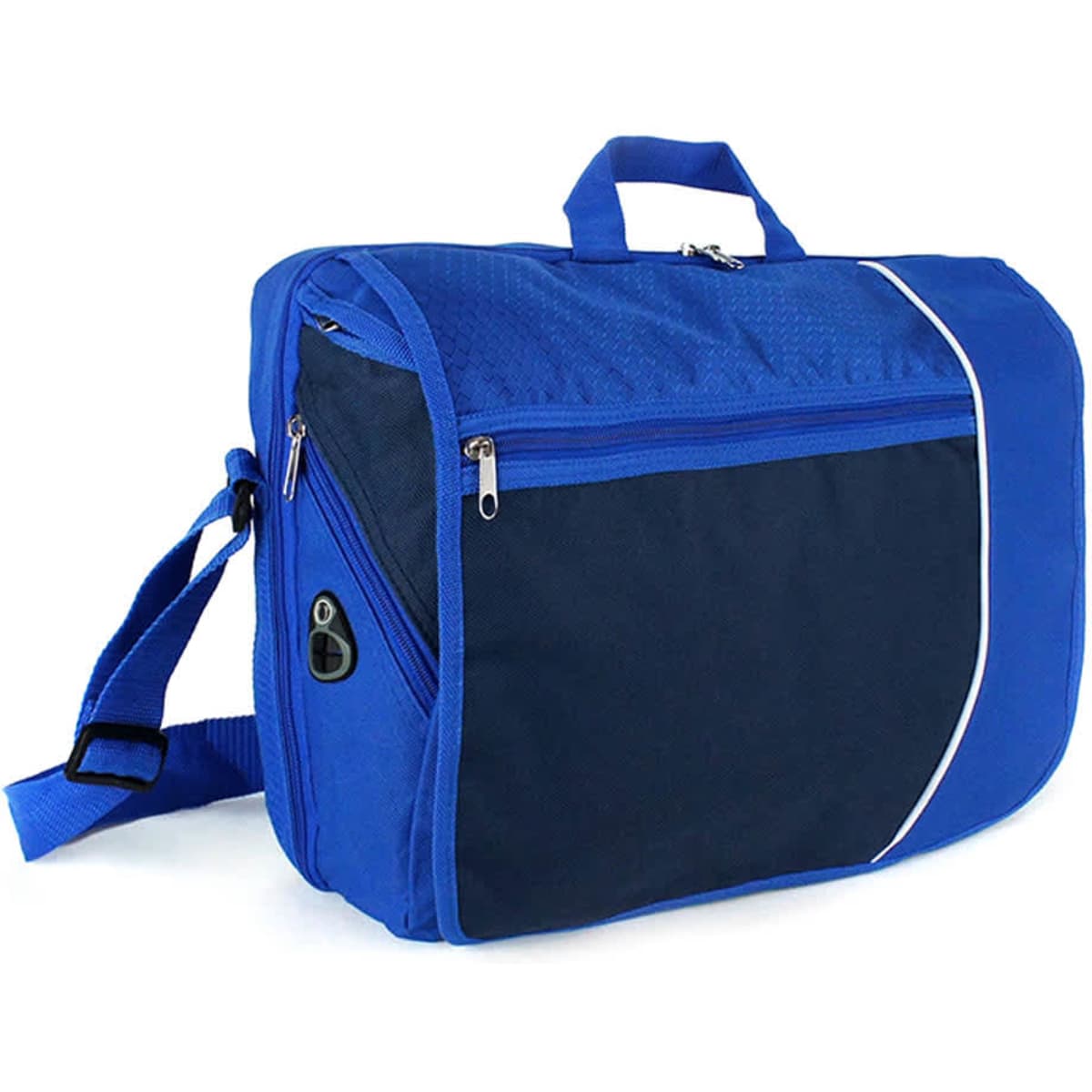 A blue and navy laptop bag with a shoulder strap and a zippered front pocket. It features a logo on the side.