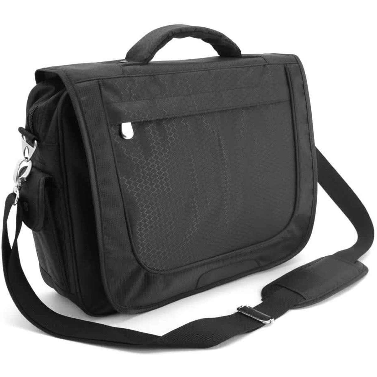 A black laptop carry bag with a shoulder strap, featuring a handle and a front pocket. It has a logo on the surface.