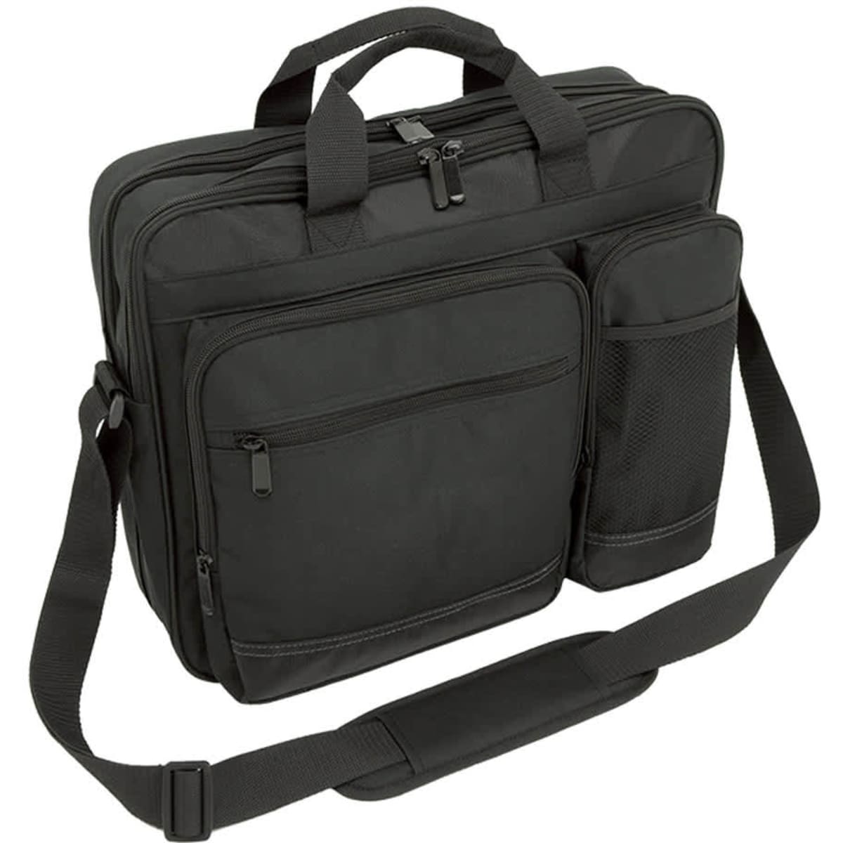 A black laptop bag with multiple compartments, a handle, and a detachable shoulder strap. It features a logo on the front.