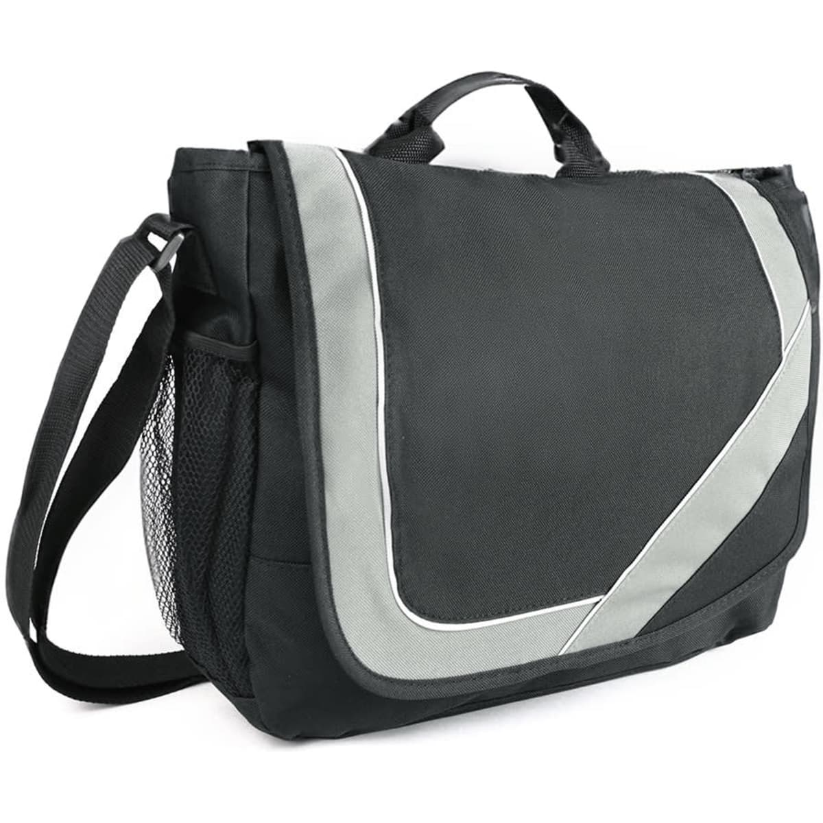 A black satchel-style bag with grey accents, featuring a shoulder strap and a mesh pocket on the side.