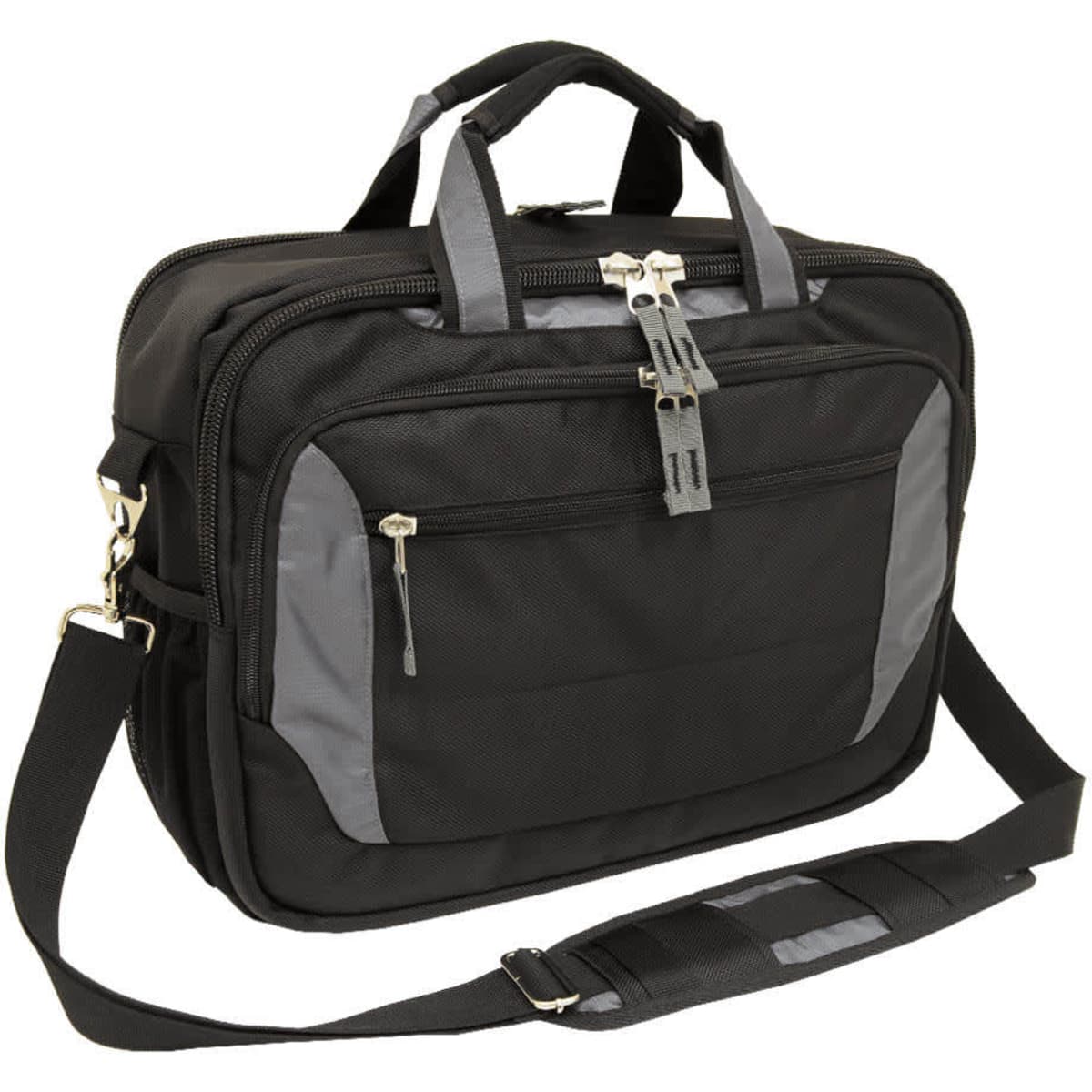 A black laptop bag with grey accents, featuring multiple compartments and a detachable shoulder strap.