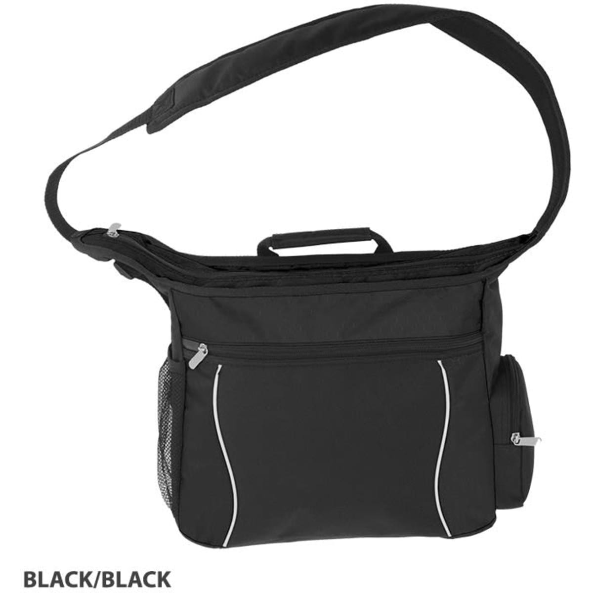 A black laptop bag with an adjustable strap, a top handle, and zippered pockets, featuring a mesh side pocket.