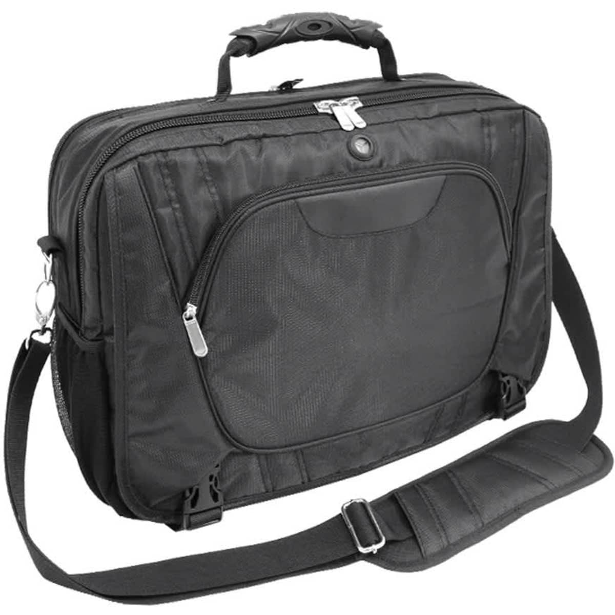 A black wheeled bag with multiple compartments, a sturdy handle, and a detachable shoulder strap. It features a logo.
