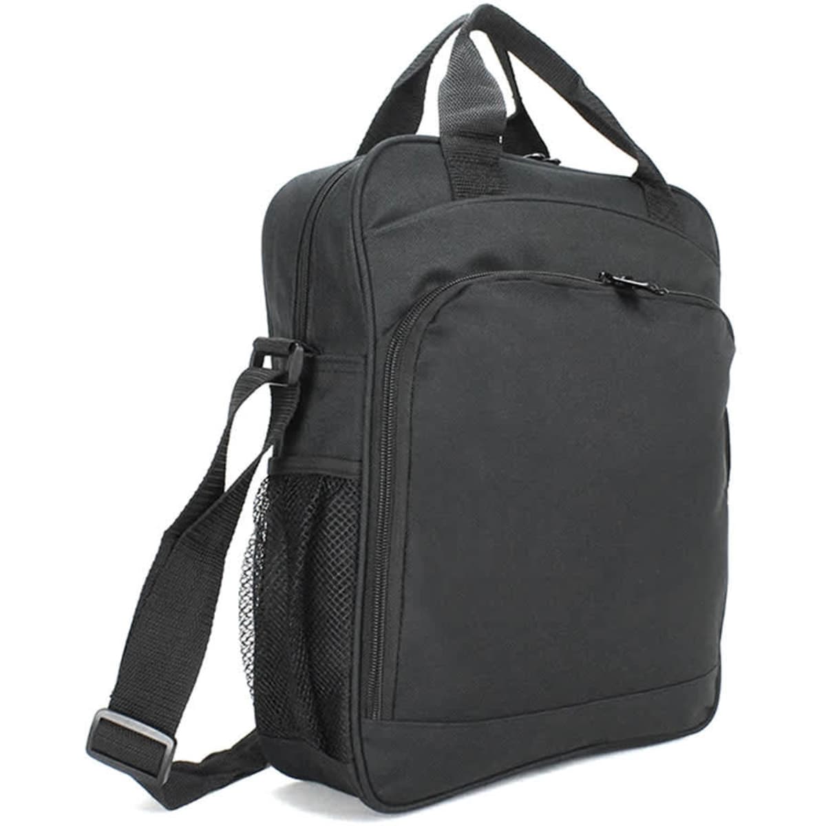 A black conference bag with a shoulder strap and a mesh pocket on the side. It features a front zippered compartment and sturdy handles.