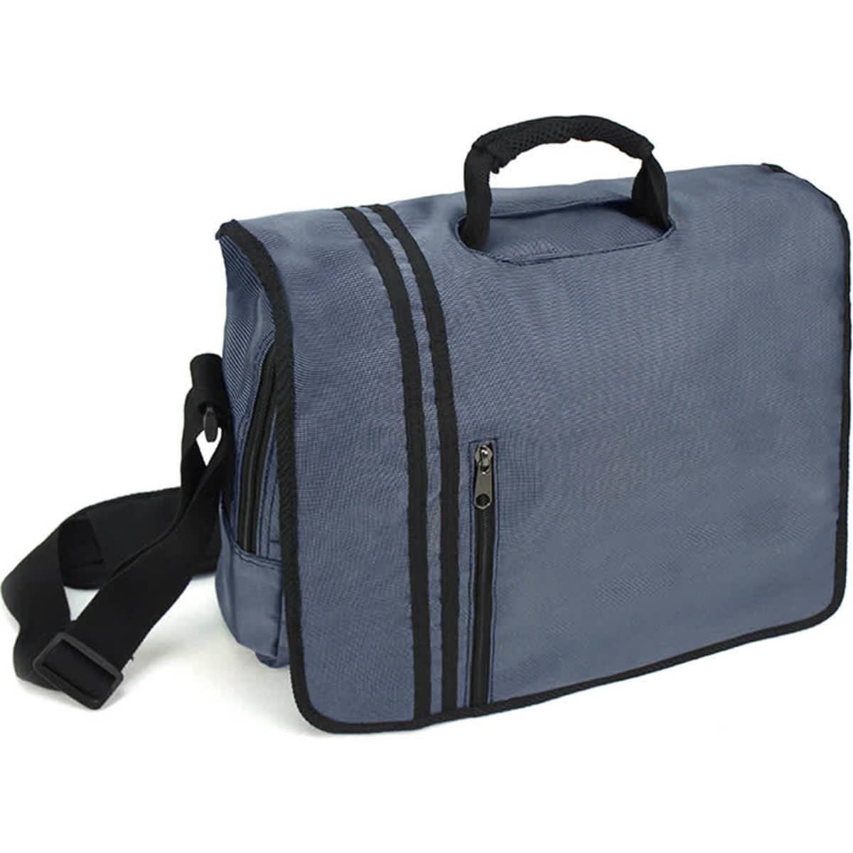 A grey satchel bag with a handle, an adjustable strap, and a front zip pocket, featuring a logo.