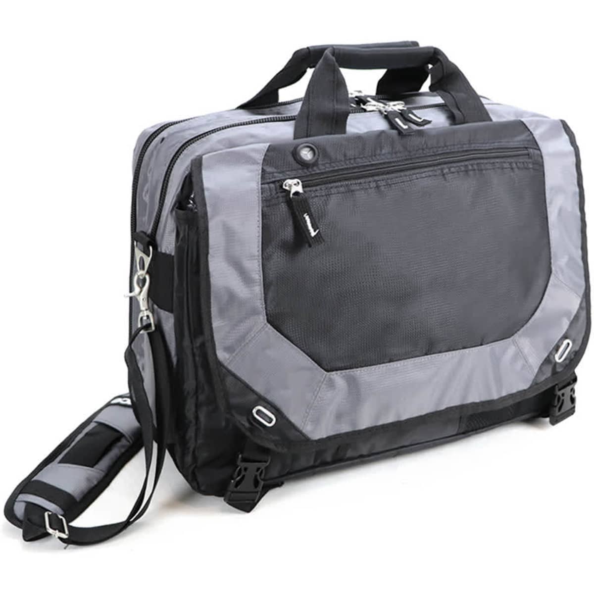 A wheeled trolley bag in black and grey with multiple compartments and a shoulder strap. It features a logo on the front.
