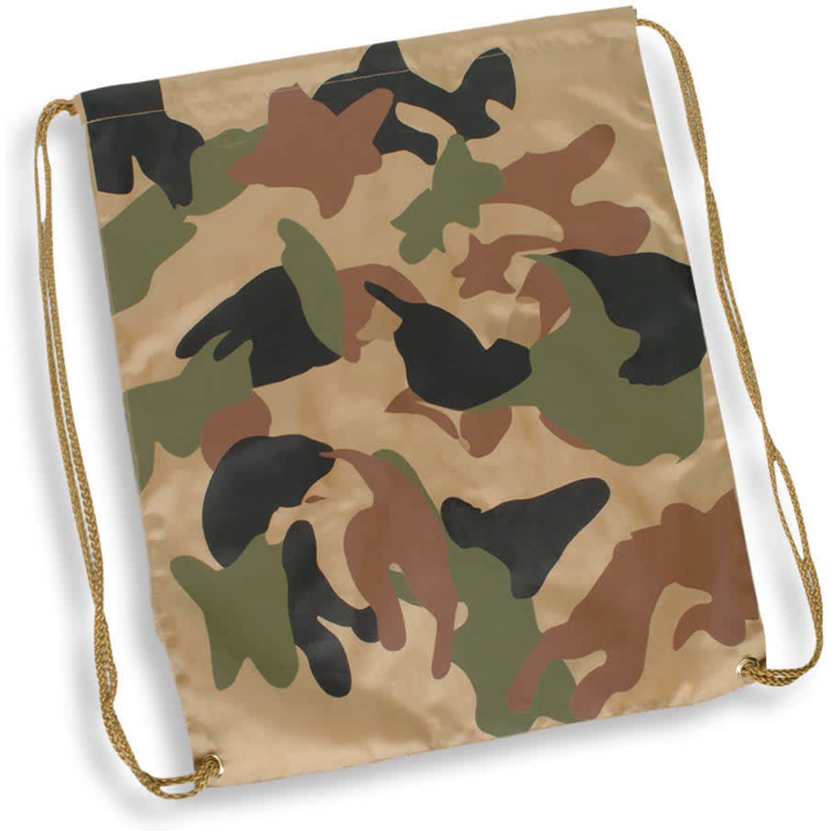 A camouflaged drawstring backpack featuring a mix of greens, browns, and black patterns, with gold drawstrings.