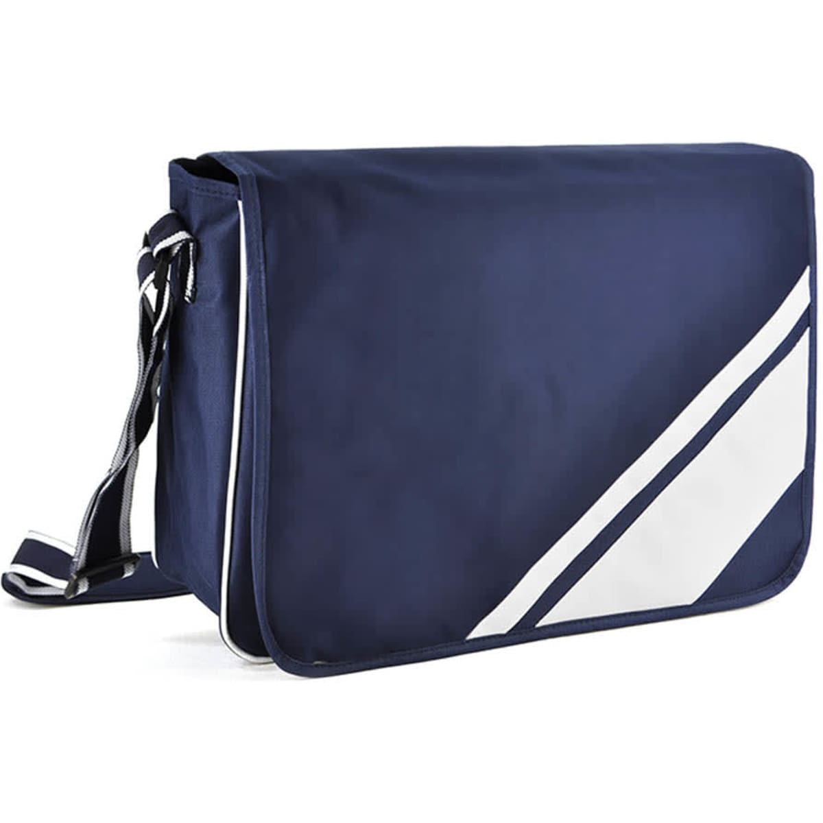 A navy satchel bag featuring a white design element and an adjustable strap. Includes a logo.