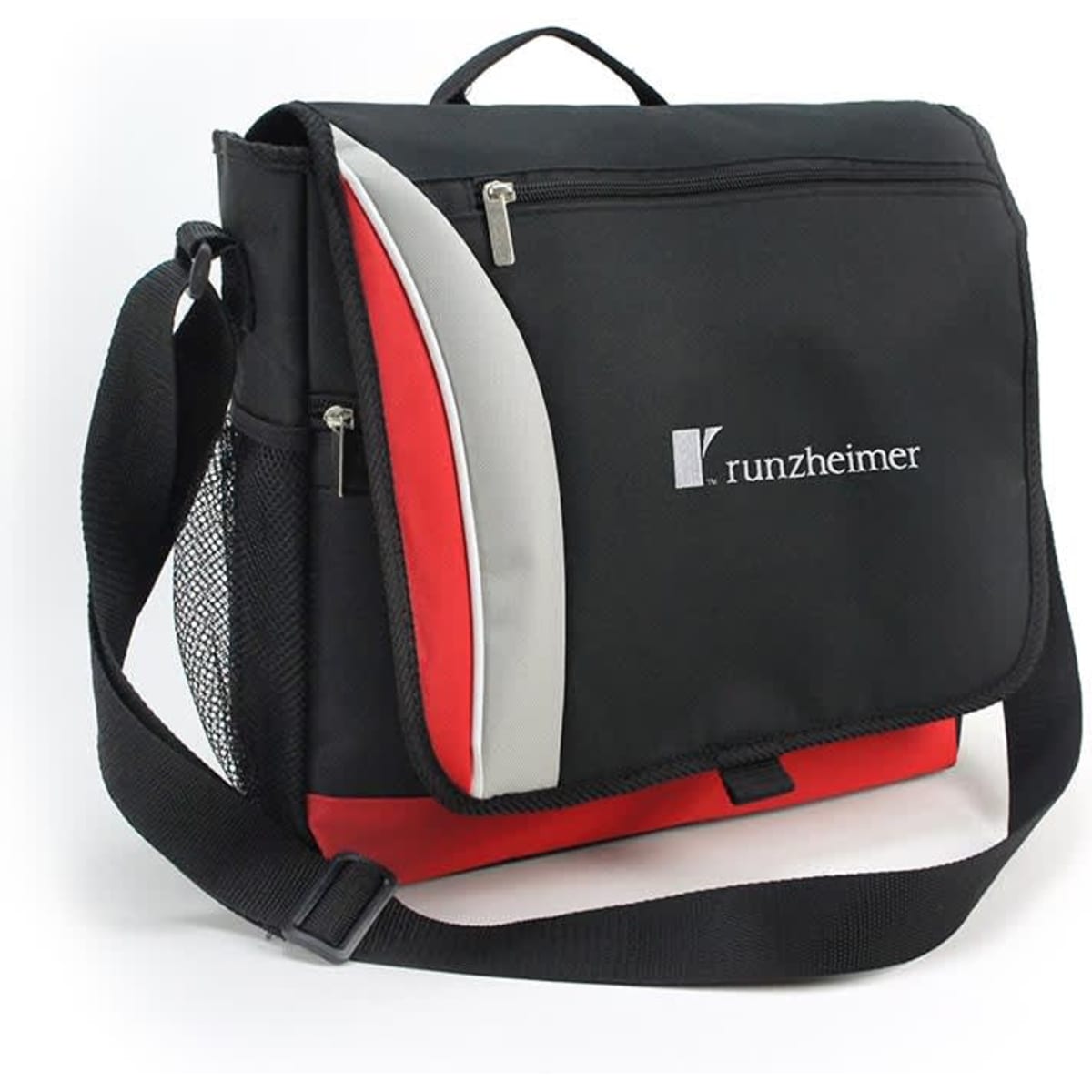 A black and red satchel with a shoulder strap and a mesh pocket, featuring a logo on the front.