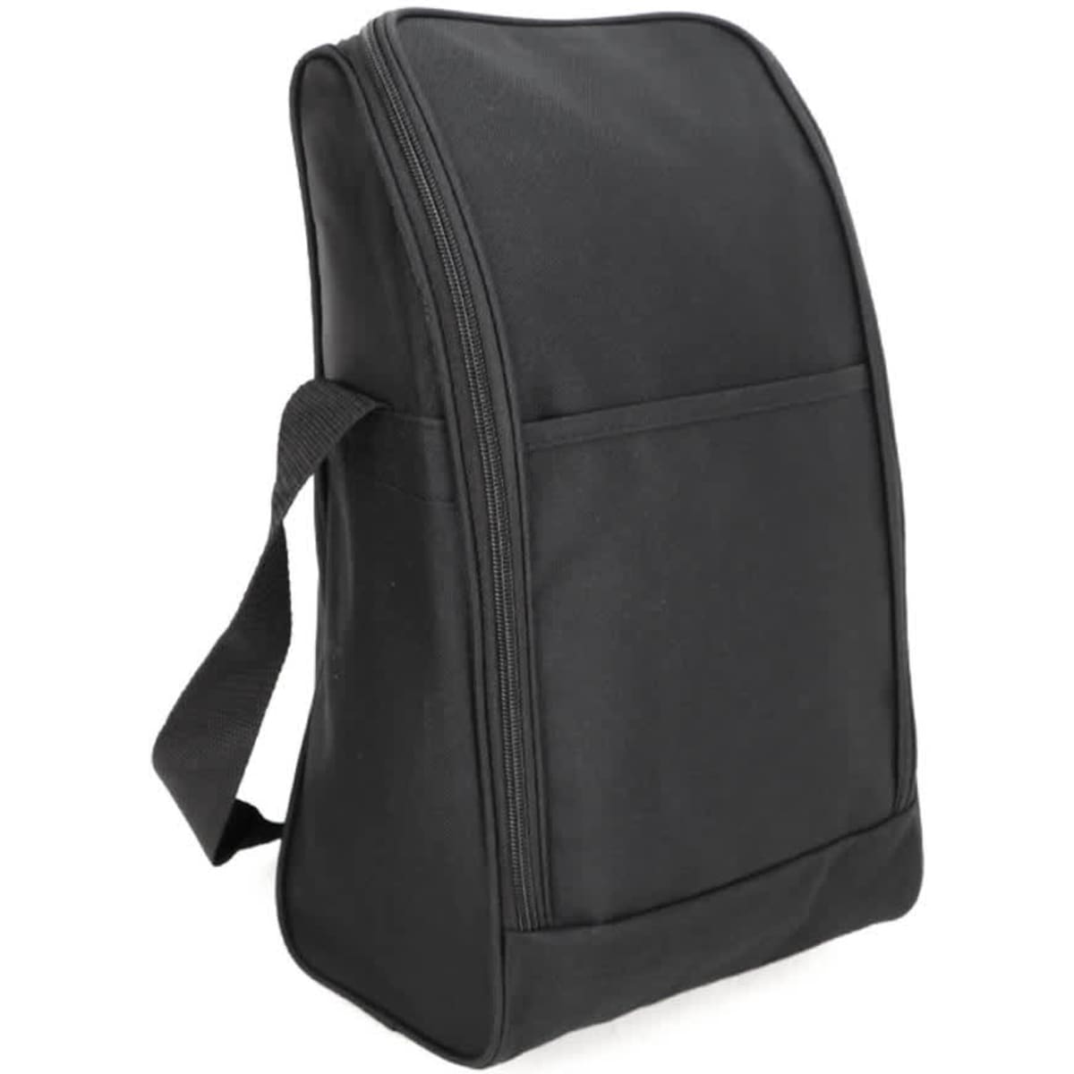 A black shoe bag with a zippered closure and a side handle. It features a simple design with one front pocket.