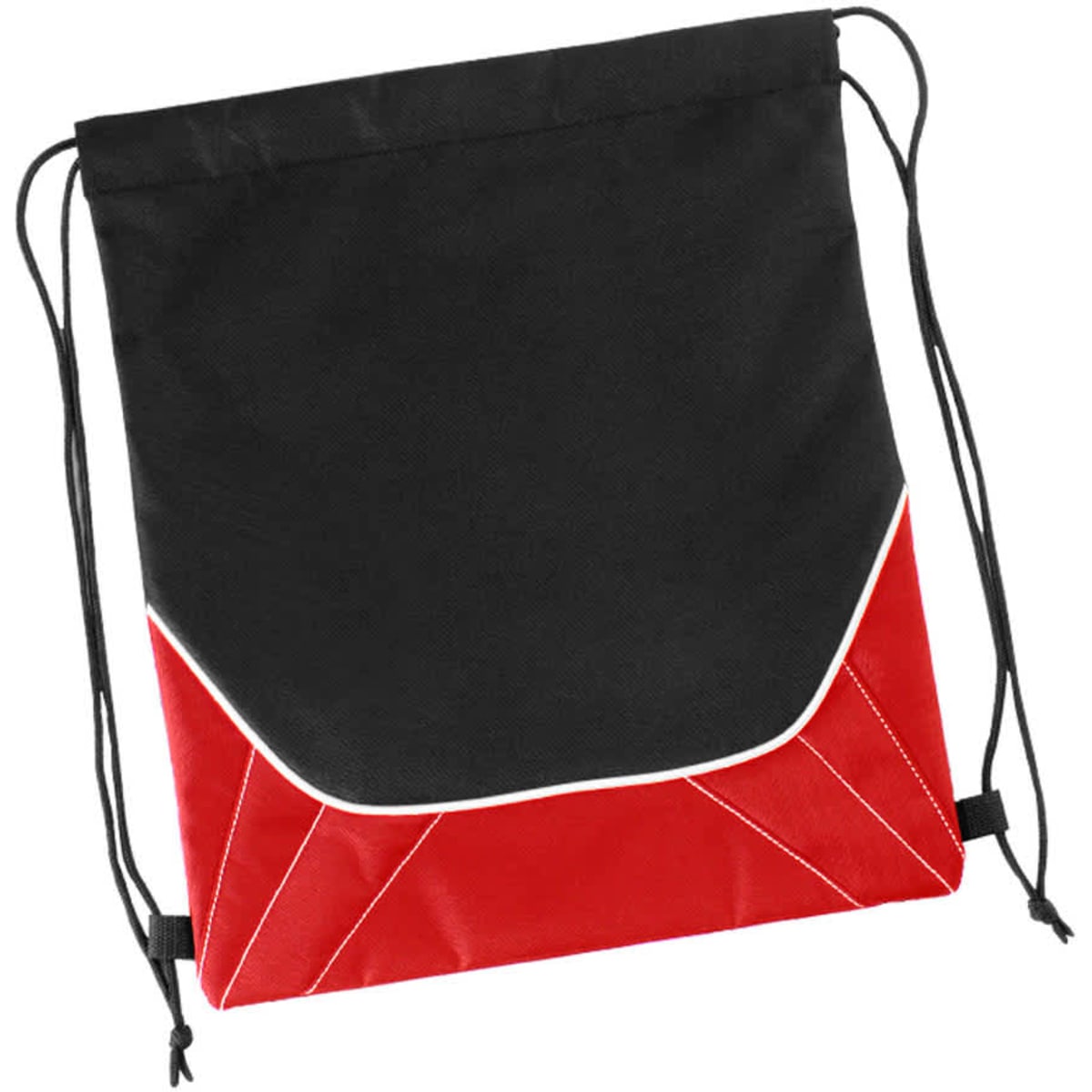 A drawstring bag featuring a black top and red lower section, with white detailing and a logo.