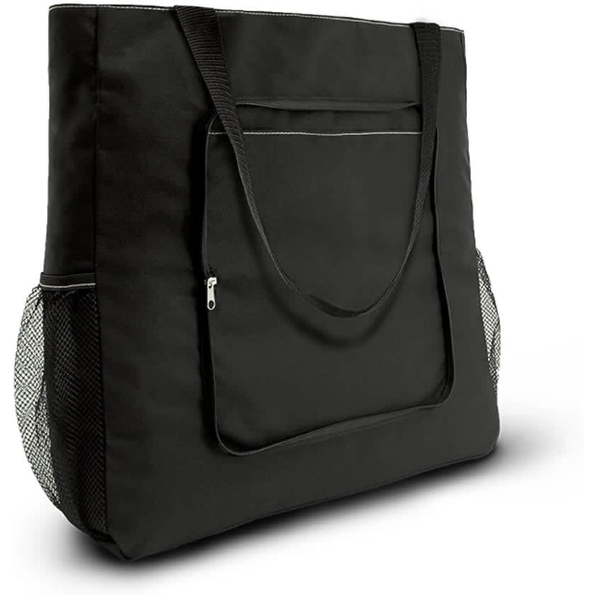 A large black tote bag with a front pocket and mesh side pockets, featuring sturdy handles and a simple design.