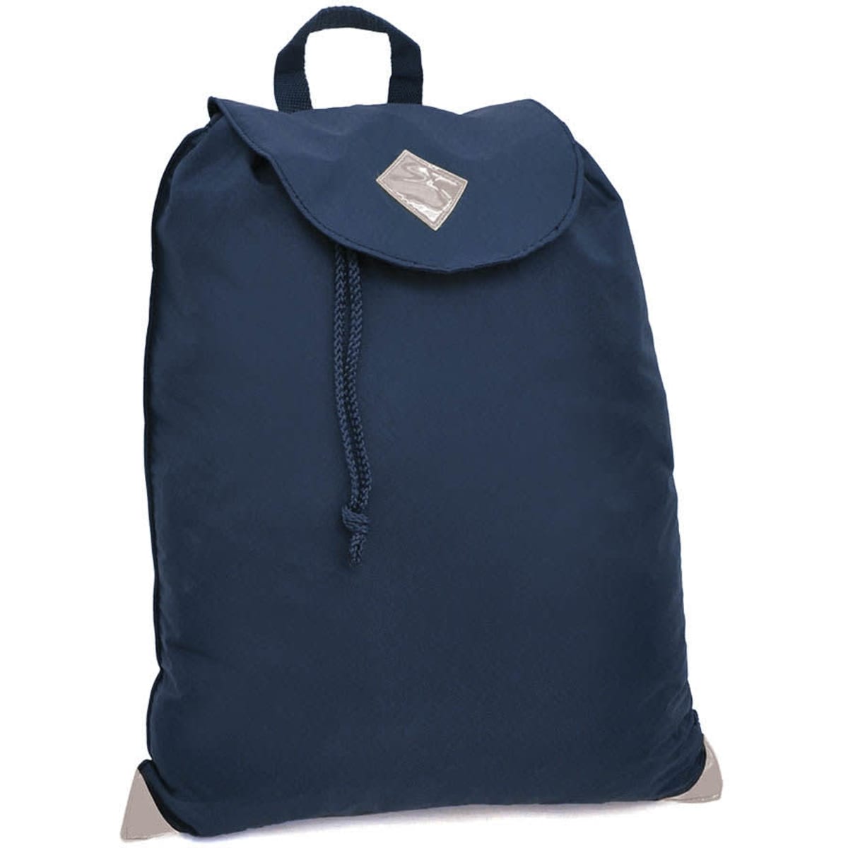 A navy blue satchel bag with a rounded top, adjustable drawstring closure, and a handle. It features a logo.