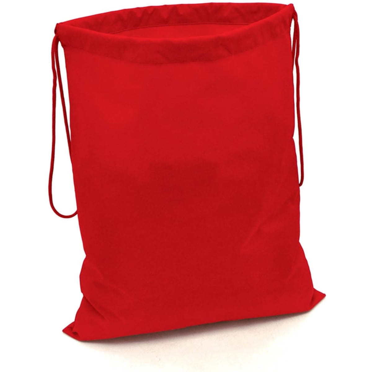 A bright red drawstring bag with a cinched top and adjustable cords, featuring a simple design and a logo.