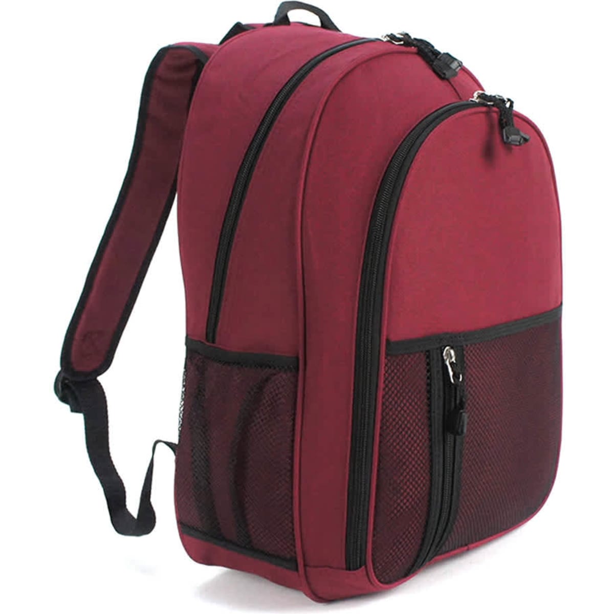 A burgundy backpack featuring a zippered front pocket and a mesh side pocket. It has adjustable straps and a logo.