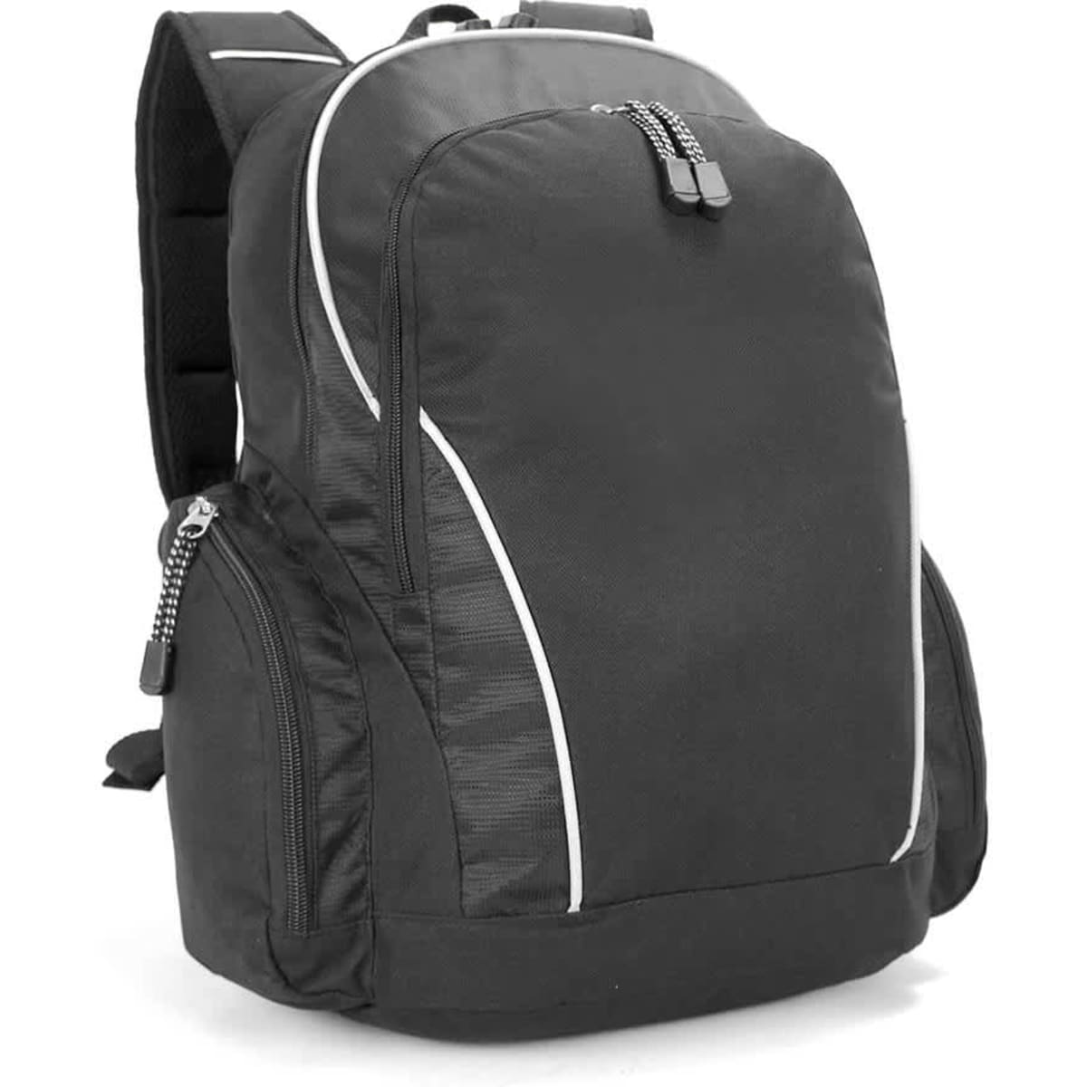 A black backpack with white detailing, featuring multiple compartments and zippers. It has a logo on the front.