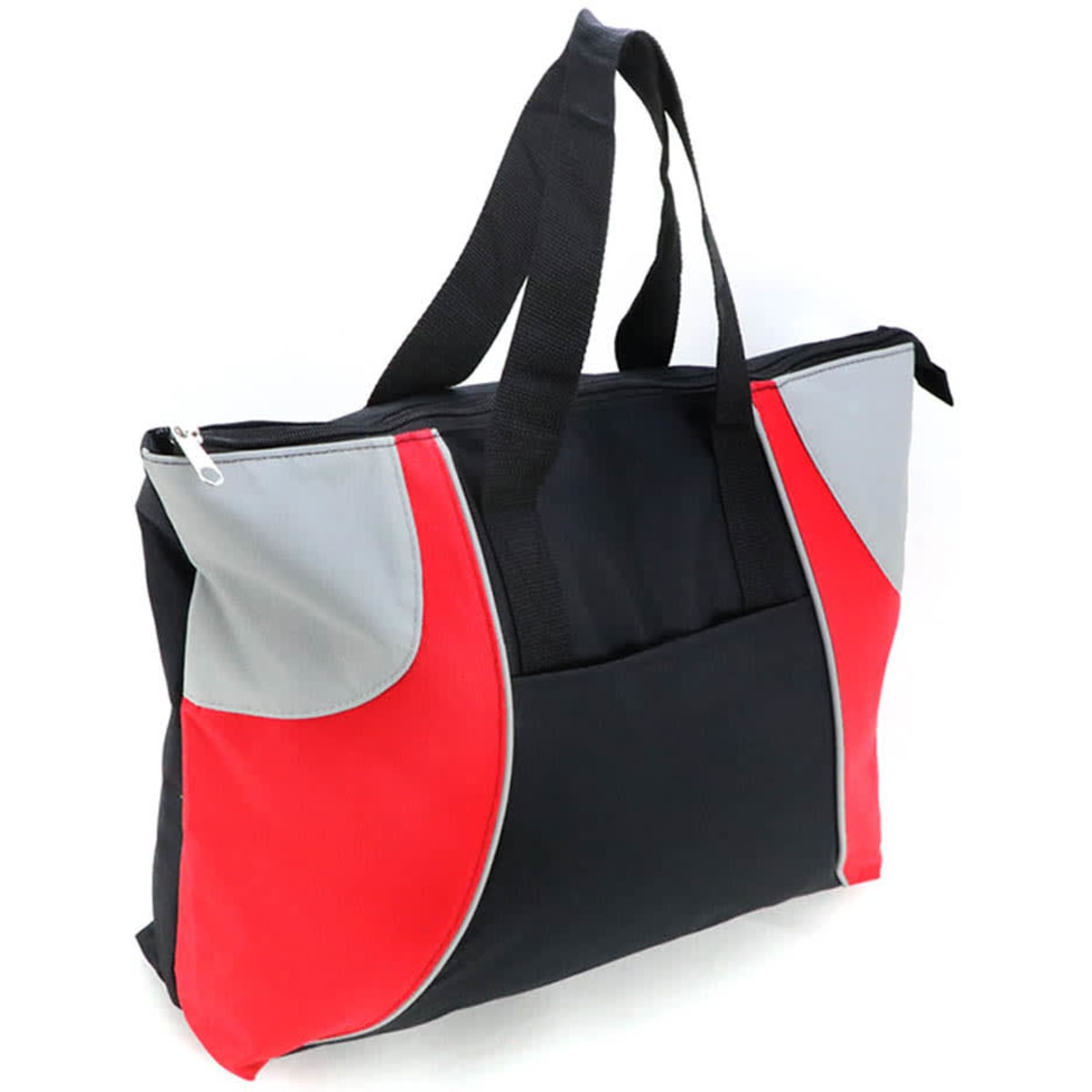 A black and red tote bag with grey accents, featuring sturdy handles and a zip closure. It has a logo on the front.