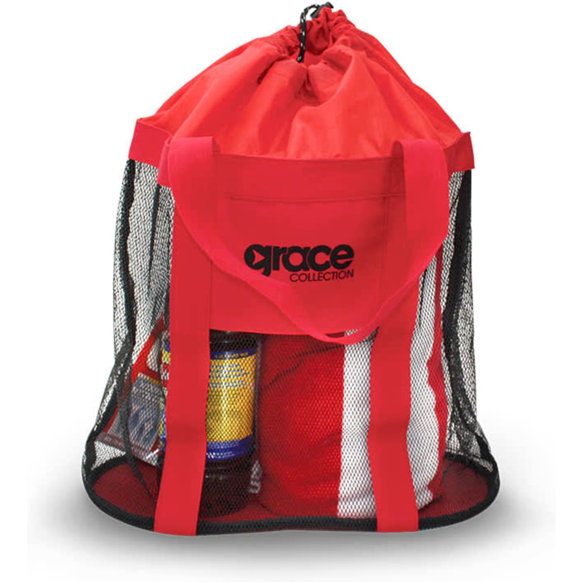 A red drawstring bag with mesh sides and handles, featuring a logo and various items inside.