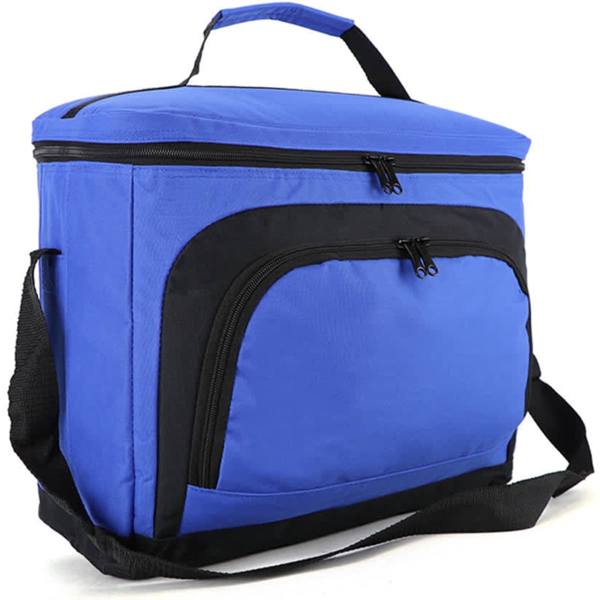 A blue cooler bag with black accents, featuring a zippered main compartment and a front pocket, includes a shoulder strap.