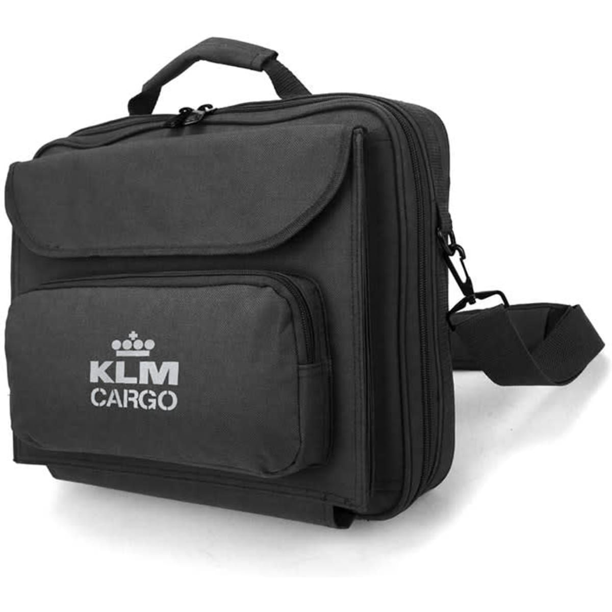 A black laptop bag with a shoulder strap, featuring multiple pockets and a logo on the front.