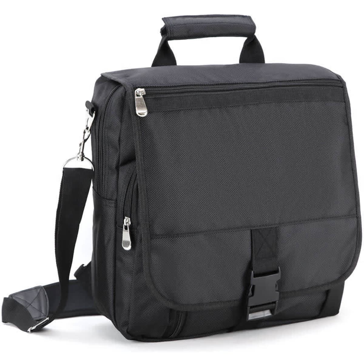 A black conference backpack with a front flap, adjustable strap, and a handle, featuring a zippered pocket and branding.