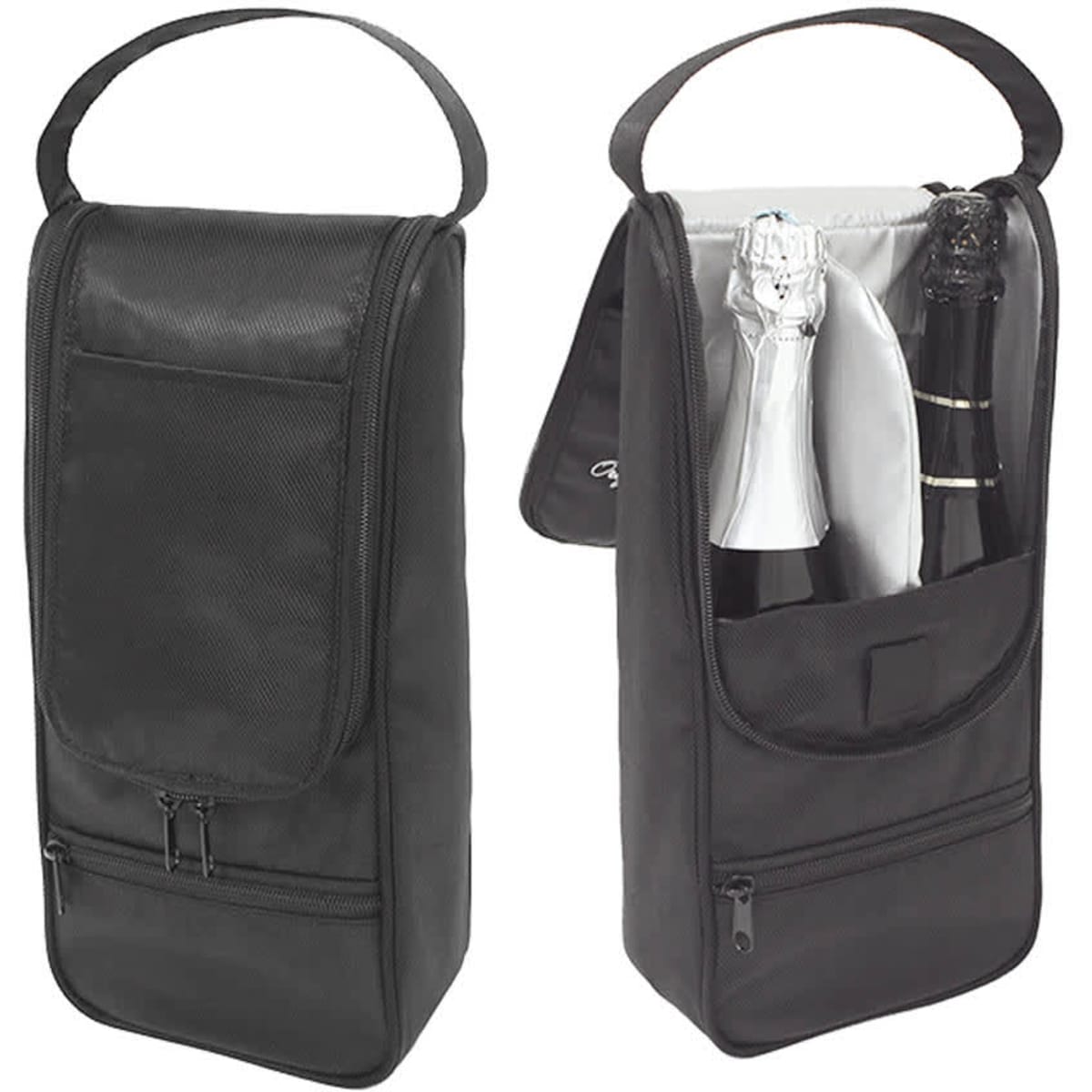 A drink bottle cooler bag in black, designed to hold two bottles with a front pocket and a zip closure.