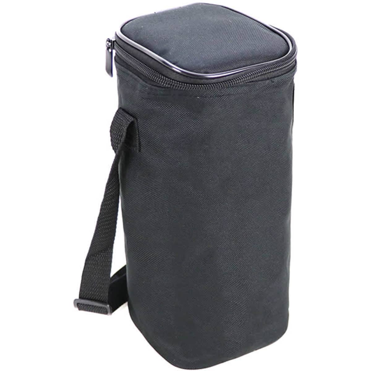 A drink bottle cooler bag in black, featuring a zipped top and an adjustable strap for easy carrying.