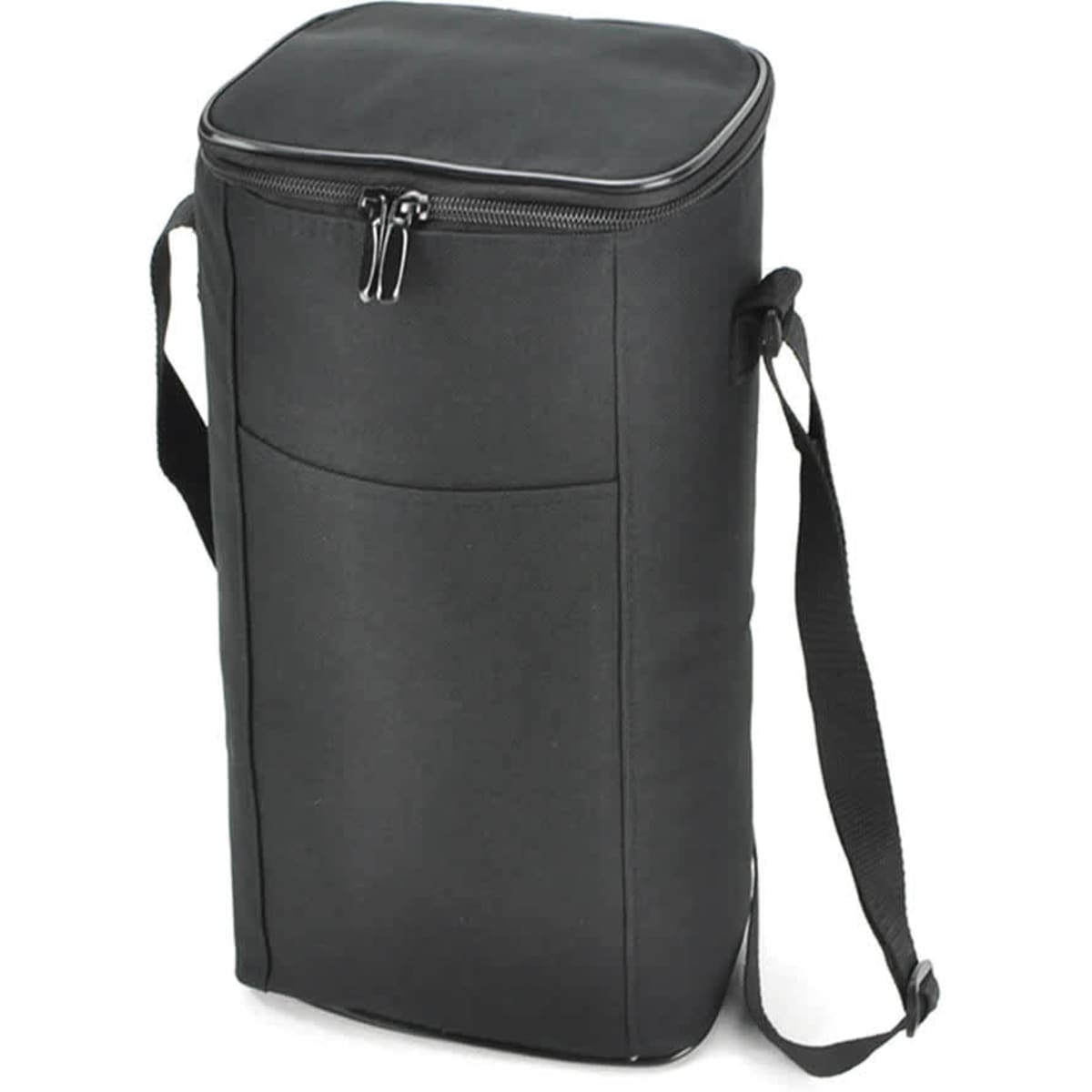 A drink bottle holder in black, featuring a zip closure and adjustable strap, with a front pocket and branding.