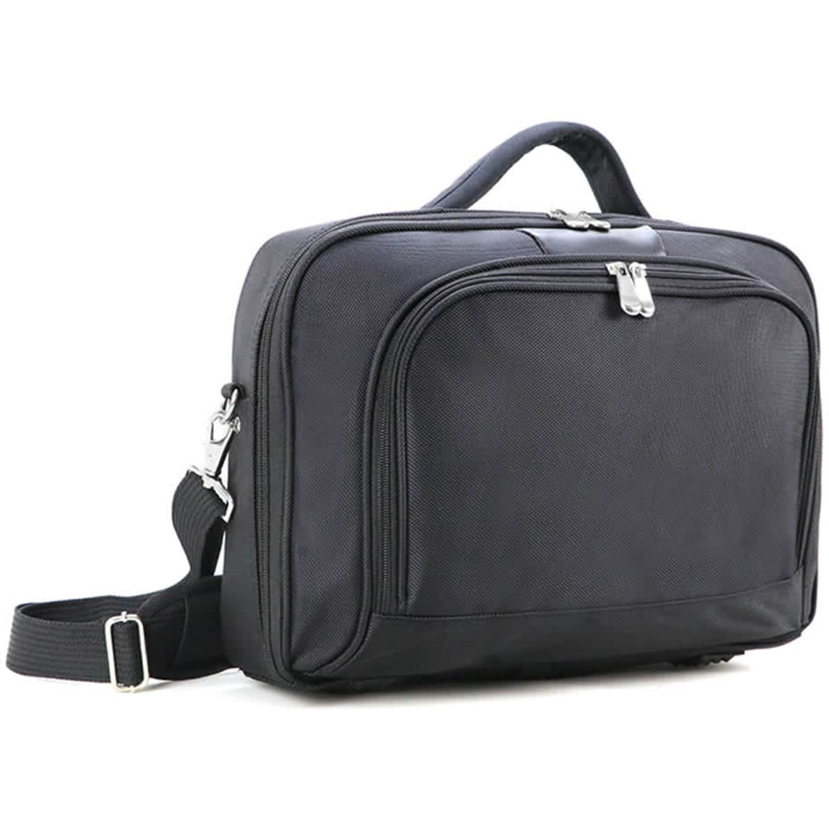 A black laptop conference bag with a shoulder strap and a front zippered pocket, featuring a logo.