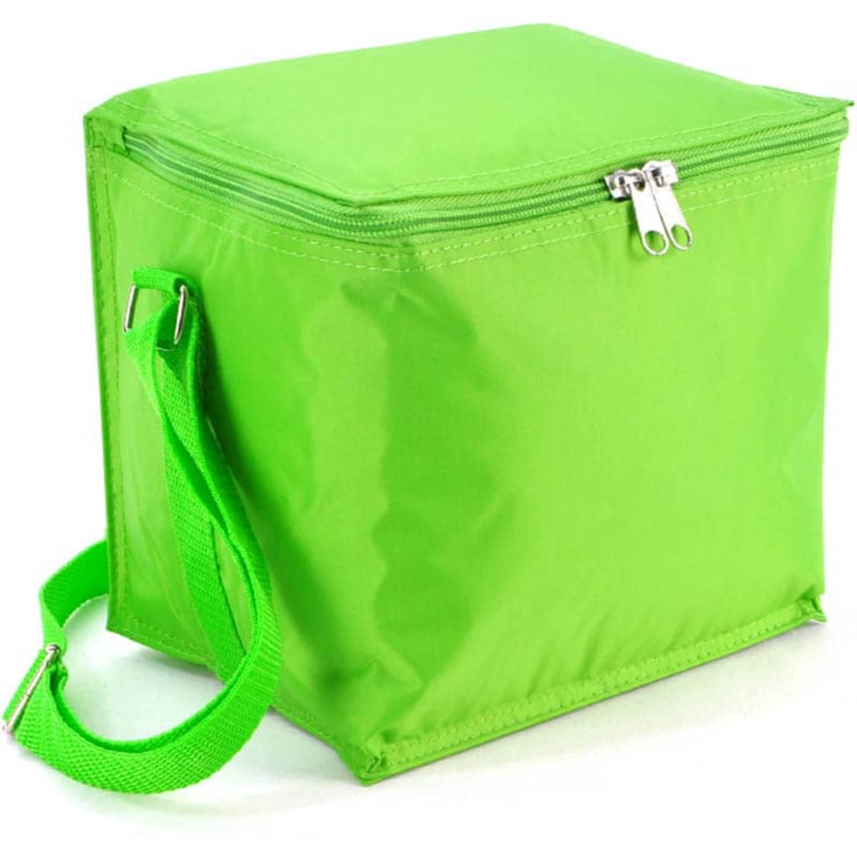 A green cooler bag with a zippered top and a detachable strap. It features a logo on the side.